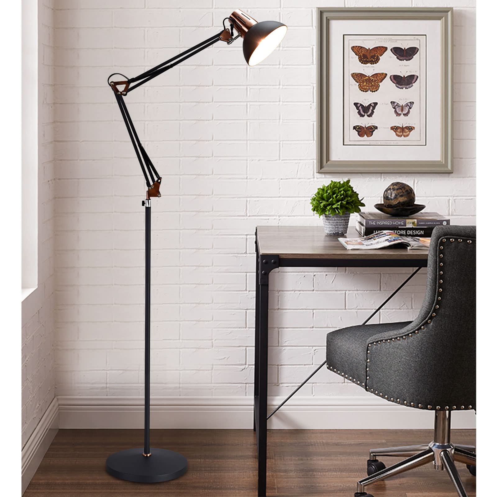 DLLT Modern Metal Floor Lamp, Flexible Swing Arms Reading Floor Lamp with Metal Shade, Adjustable Head Tall Industrial Standing Lamp for Living Room, Bedroom, Office, Study Room, E26(Matte Grey)