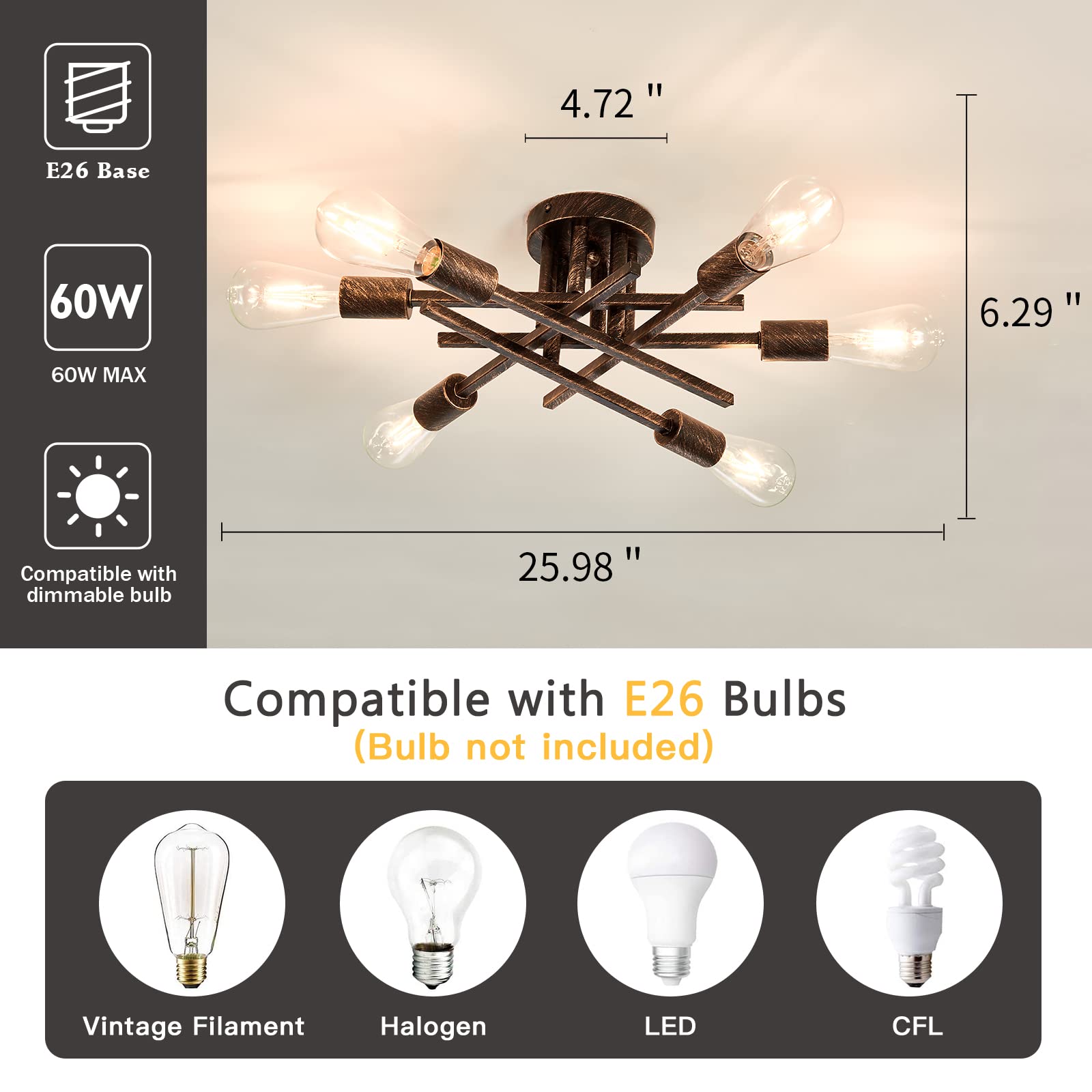 Semi Flush Mount Modern Ceiling Light Fixture， 6 Lights Black Vintage Matte Sputnik Chandelier Ceiling Lamp with E26 Bulb Base for Farmhouse Dining Room Living Room Bedroom Study Kitchen