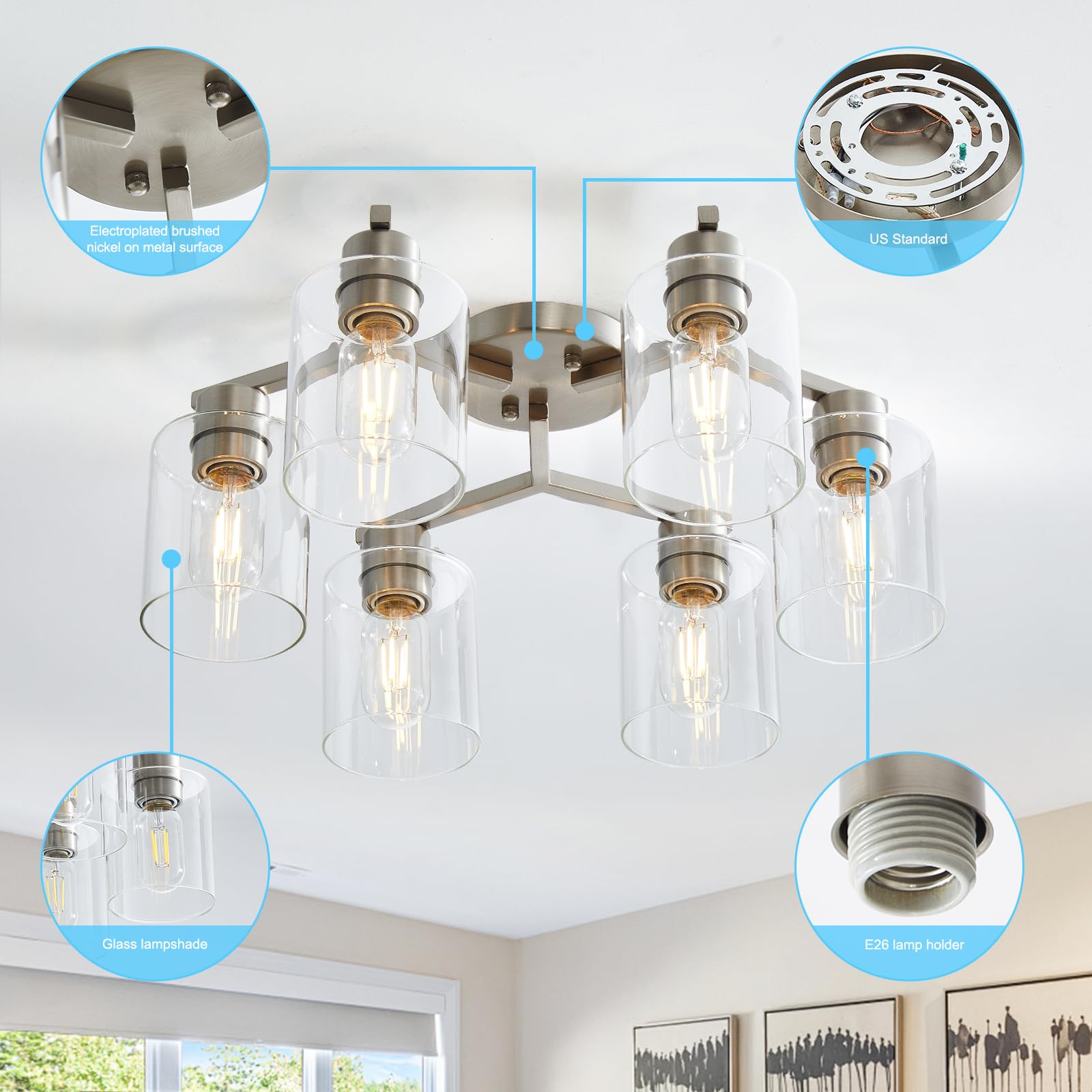 6 Light Semi Flush Mount Ceiling Light, Kitchen Lighting Fixtures Ceiling, Industrial Black Ceiling Light Fixtures with Clear Glass Shade for Hallway, Foyer, Farmhouse, Bedroom, Living Room