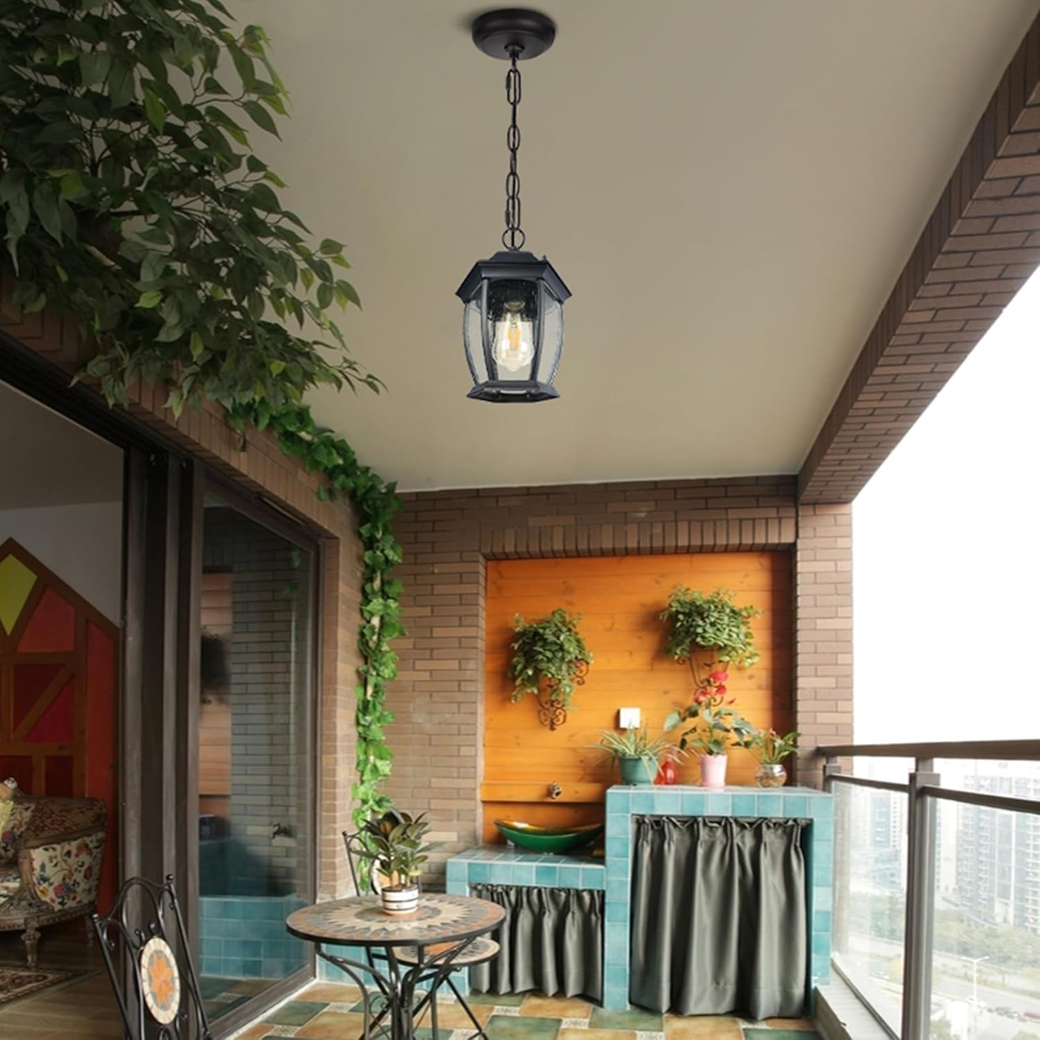 12" High Outdoor Pendant Light Fixture, Exterior Hanging Porch Lantern with Adjustable Chain, Aluminum Ceiling Lights with Seeded Glass for Outdoor and Indoor Use