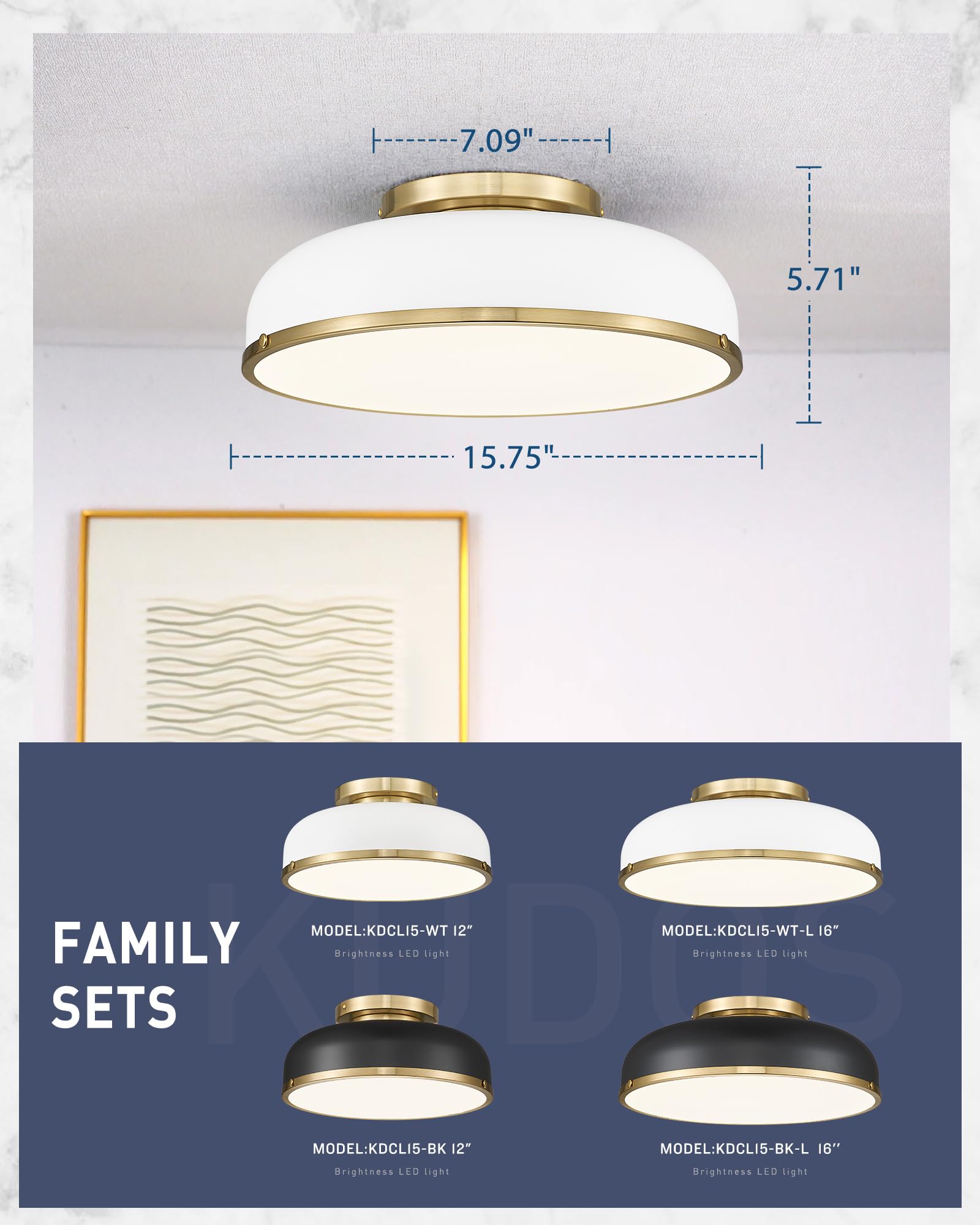 Ceiling Light, 12-inch LED Flush Mount Ceiling Light, Black and Gold Finish, 24W/1100lm Light Fixtures ceiling mount for Living Room, Bedroom, 3000K/3700K/4500K/5100K/6000K Adjustbale, KDCL15-BK