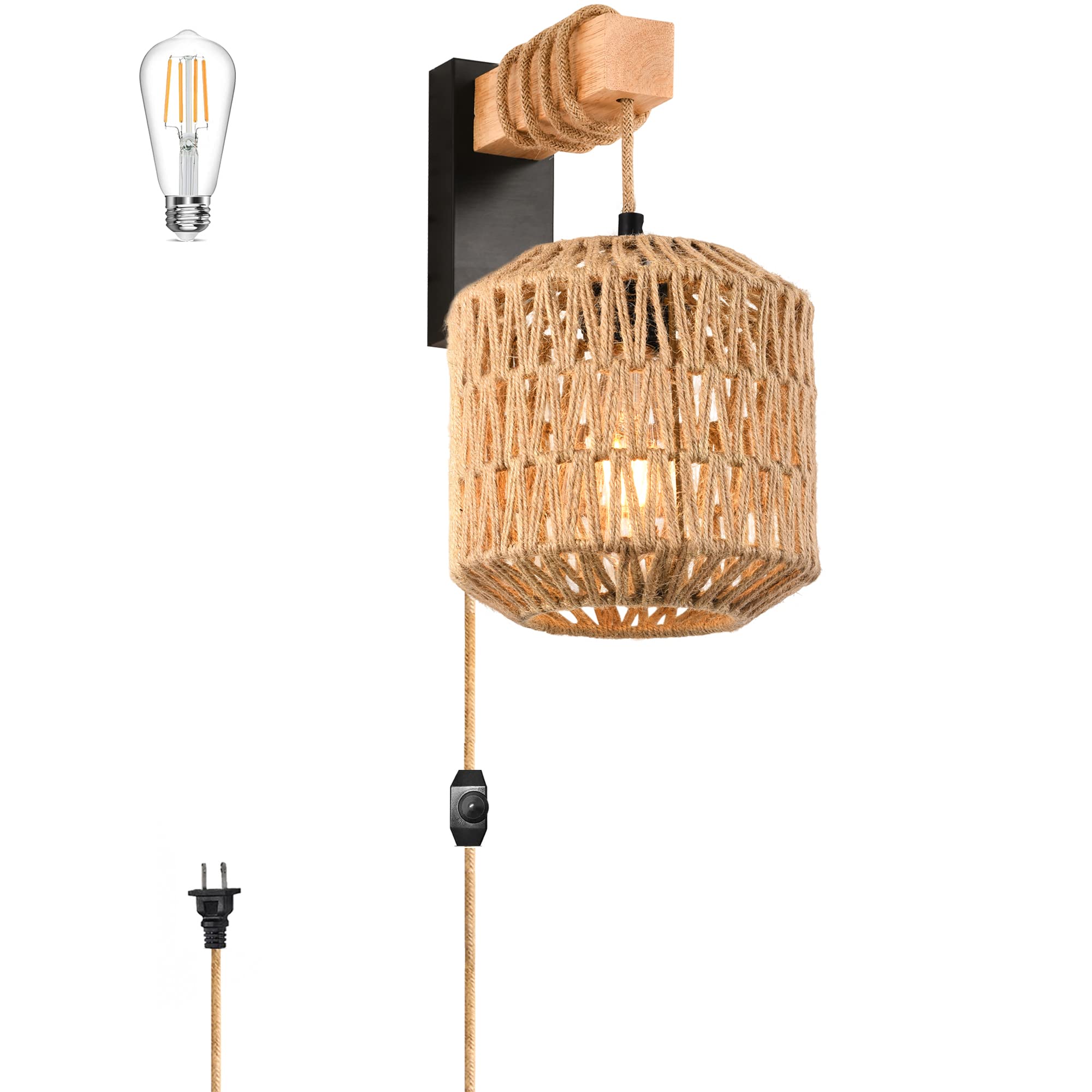 Rattan Wall Sconces Set of Two Plug in,Farmhouse Plug in Wall Sconces Hand Woven Bamboo Wall Light Fixtures with Switch,Rustic Black Wall Sconce Light Wall Lamp Plug in Sconces for Living Room Bedroom