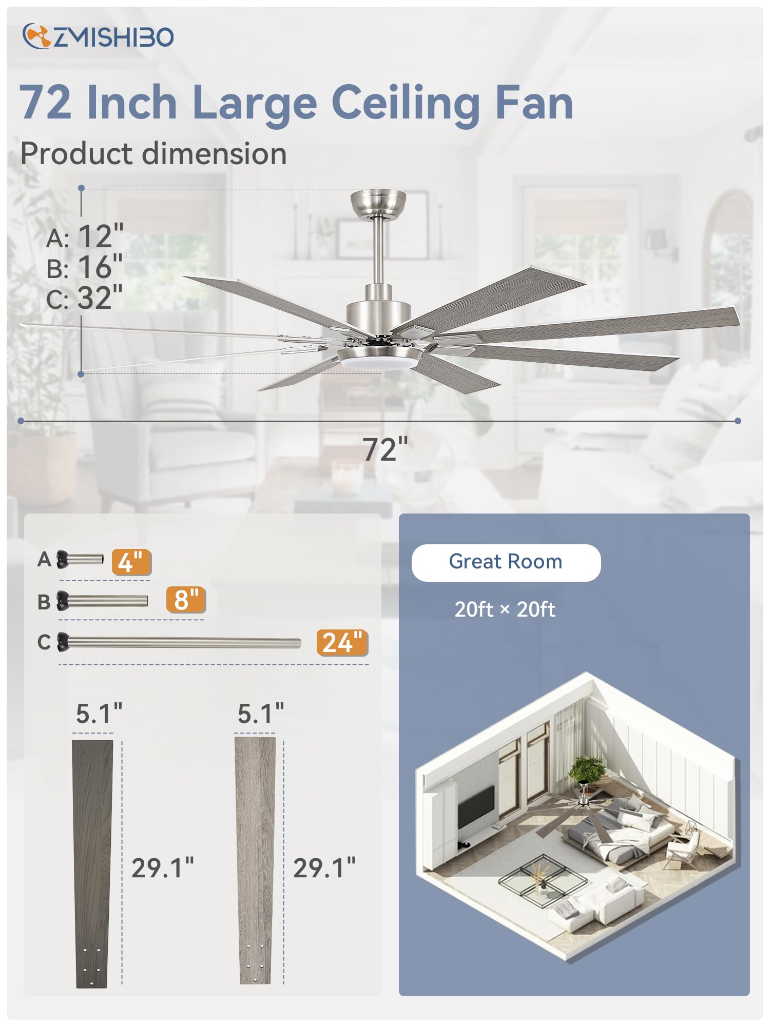 72 inch Oil Rubbed Bronze Ceiling Fans with Lights and Remote, Indoor/Outdoor Farmhouse Ceiling Fan for Living Room Patio, 6 Speed Reversible Quiet DC Motor, 3CCT, Dual Finish Blades