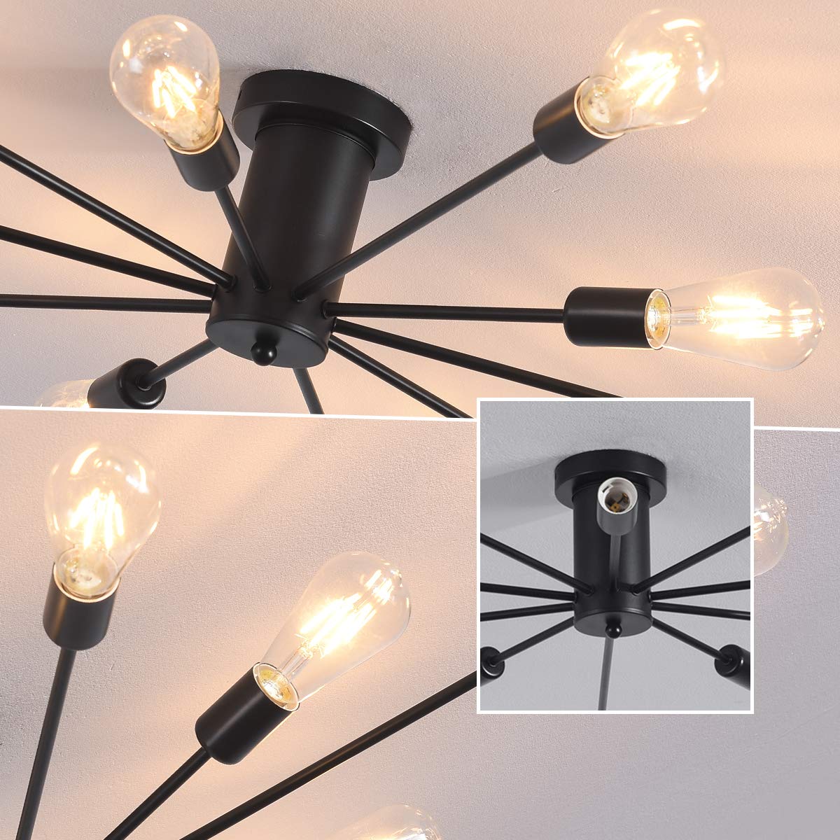 10 Lights Modern Sputnik Ceiling Chandelier Gold Industrial Ceiling Lamp Mid Century Semi Flush Mount Ceiling Light Fixture for Kitchen Dining Room Living Room Bedroom Foyer Lighting