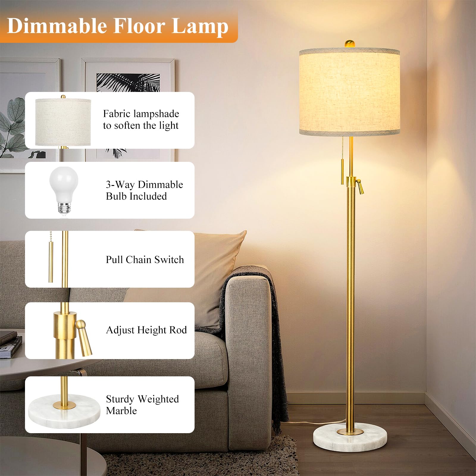 Floor Lamp for Living Room Adjustable Tall Standing Lamp, 3-Way Dimmable Floor Lamp for Bedroom Office, Black Gold Lamp with Marble Base and White Linen Shade, 6W 3000K LED Blub Included