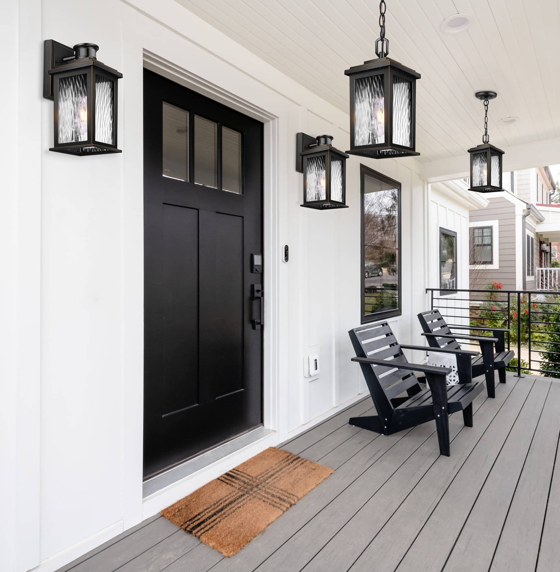 Outdoor Pendant Light Fixture, Farmhouse Exterior Hanging Lights with Adjustable Chain, Anti-Rust Aluminum Frame with Tempered Water Glass, Hanging Lantern for Front Door Ceiling Entry Porch