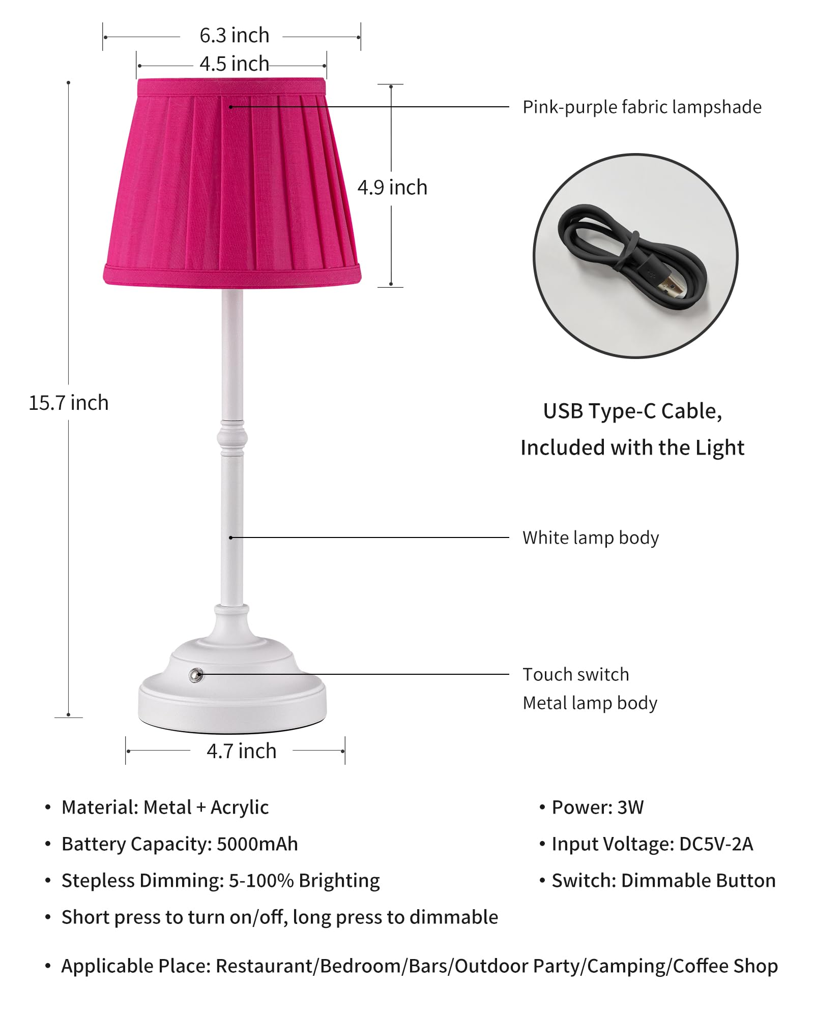 KDG Portables Cordless Table Lamp, Fabric Shade Desk Lamp, 5000mAh Rechargeable Battery Powered Lighting, Dimmable Light for Dining Room, Bedroom, Bedside, Bar, Night Light, Camping, Balcony (Bronze)