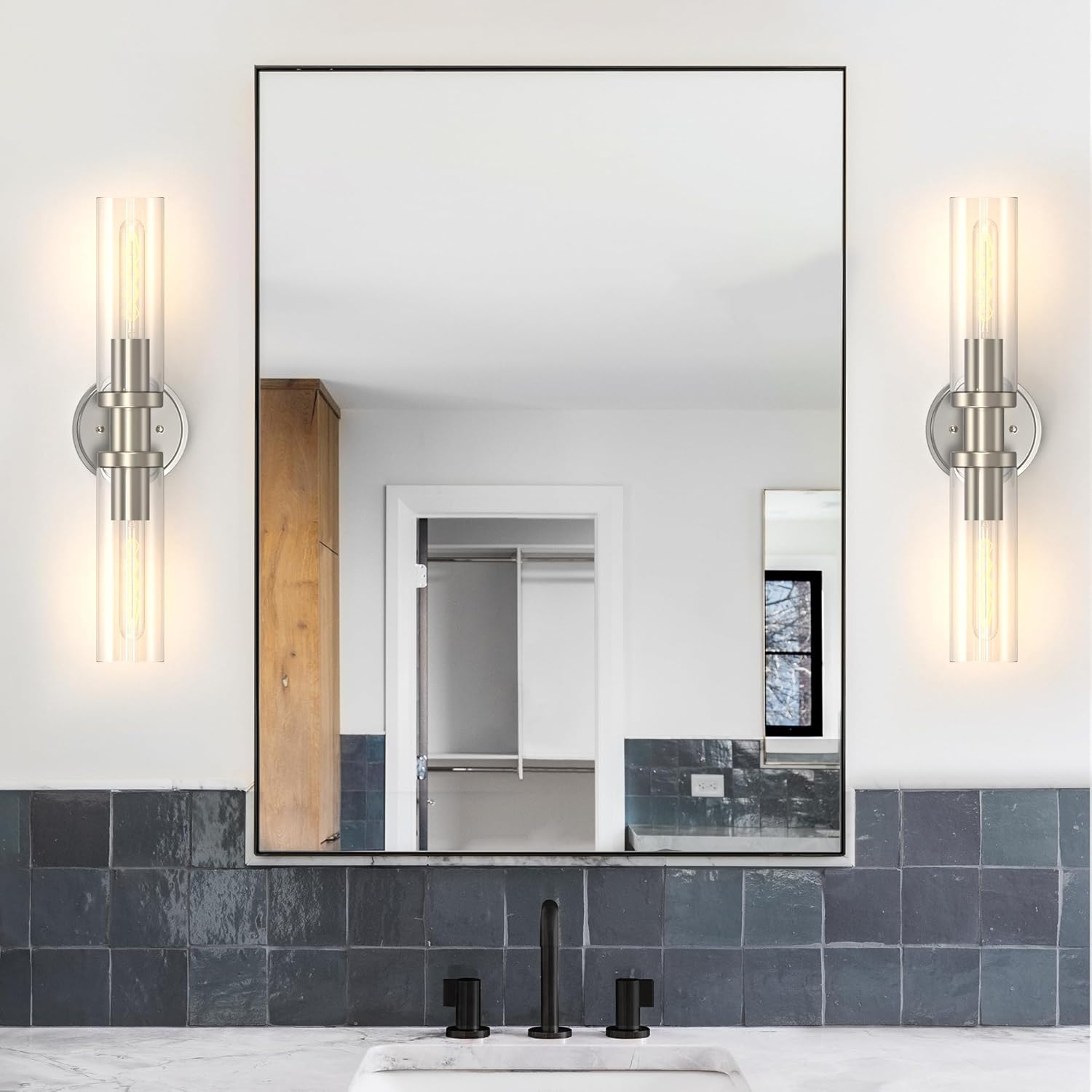 Bathroom Light Fixtures 2-Light Black & Gold, Bathroom Vanity Lights Over Mirror, Wall Sconces, Industrial Bathroom Lighting, Modern Brushed Brass Vanity Lighting Fixtures w/Glass Shades