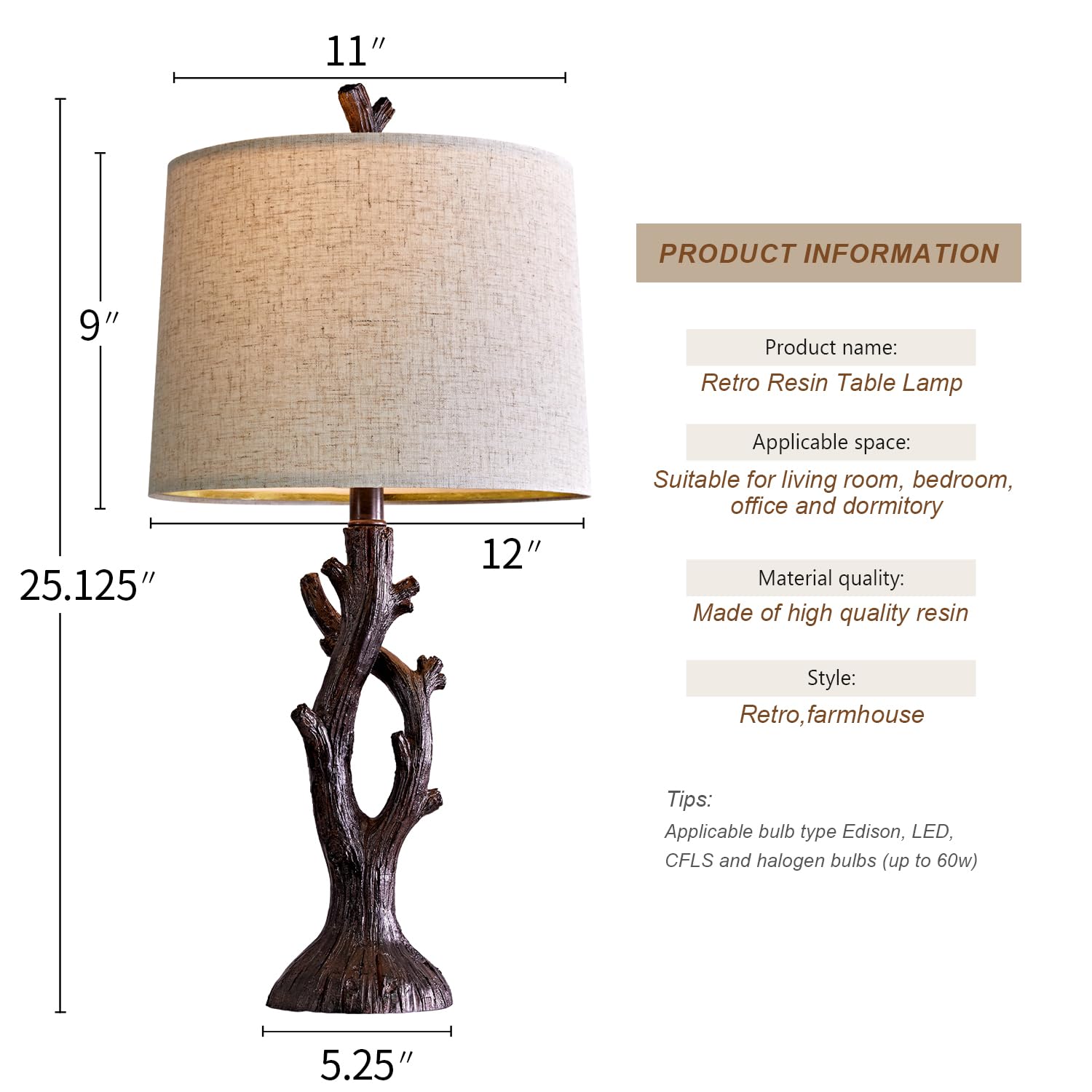 OYEARS 23" Rustic Farmhouse Table Lamp Country Cottage Lamps for Nightstand Tree Trunk Wood Grain Lamp for Bedroom Living Room with Oatmeal Fabric Round Shade Resin Bedside Lamp