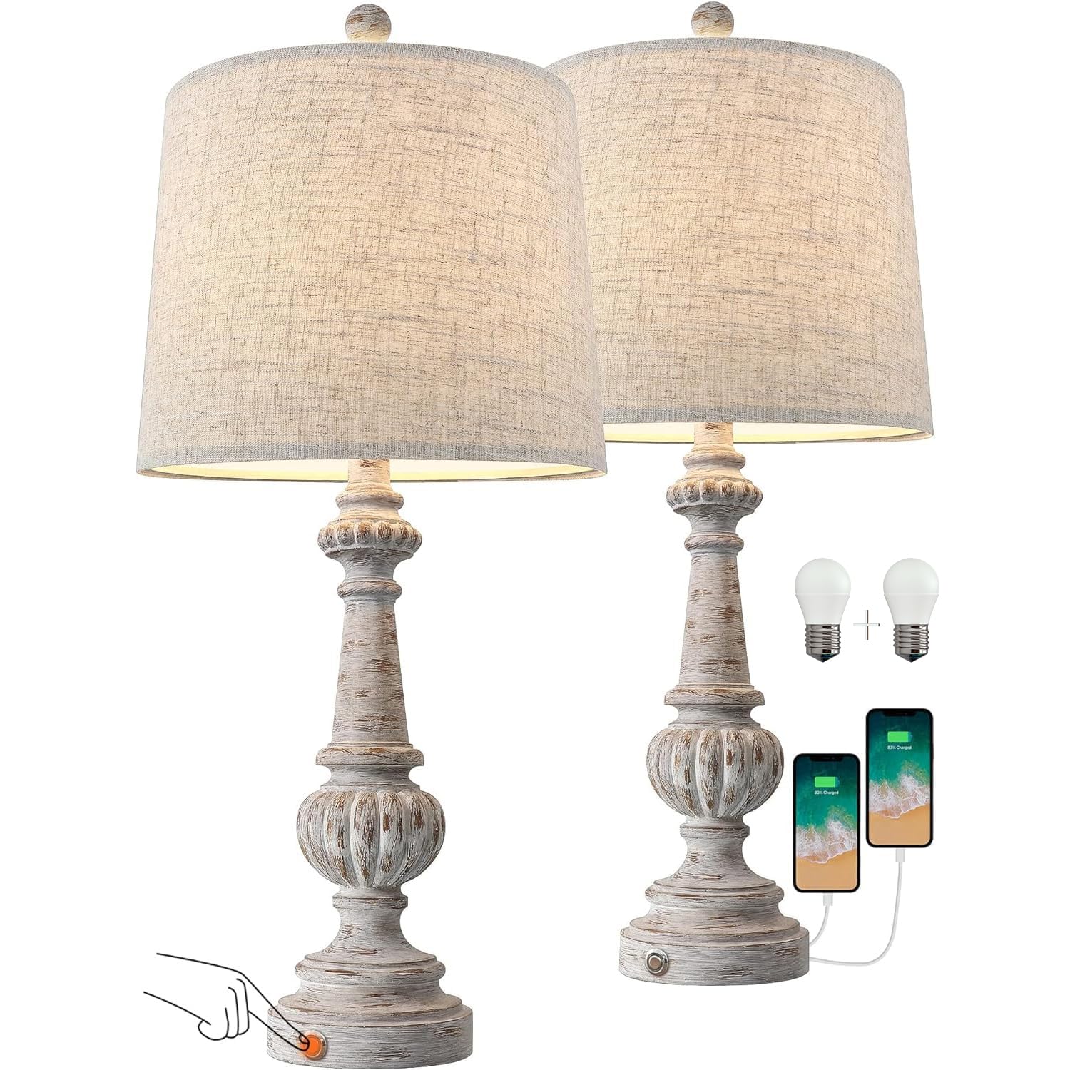 24.5" Mid Century Single Table Lamp for Living Room Farmhouse Linen Bedside Lamps for Bedroom Kids Room Dorm Office Rustic Lamps for End Table Nigntstand Resin