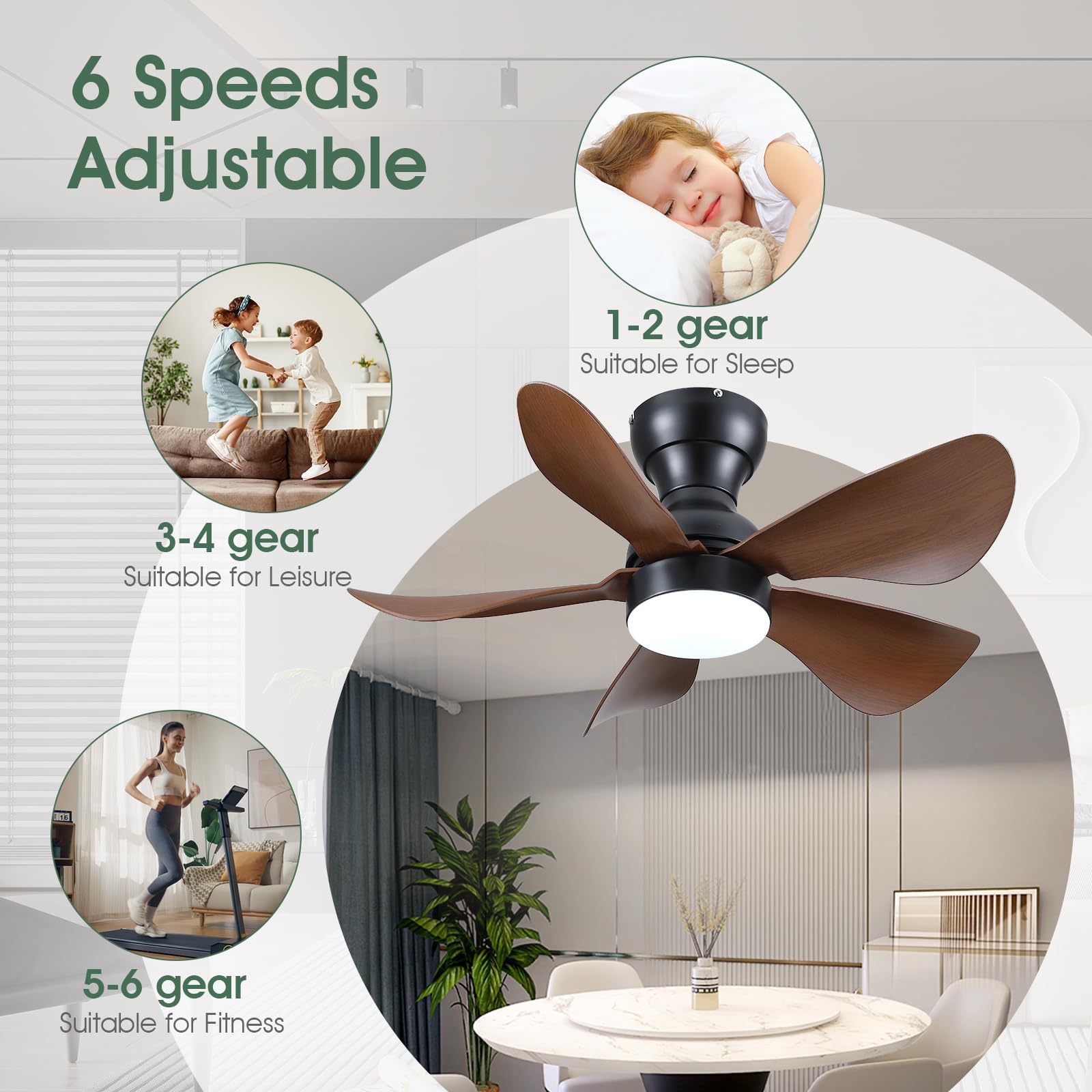 Ceiling Fans with Lights and Remote/APP Control, 30 inch Low Profile Ceiling Fans with 5 Reversible Blades 3 Colors Dimmable 6 Speeds Ceiling Fan for Bedroom Kitchen Dining Room, White