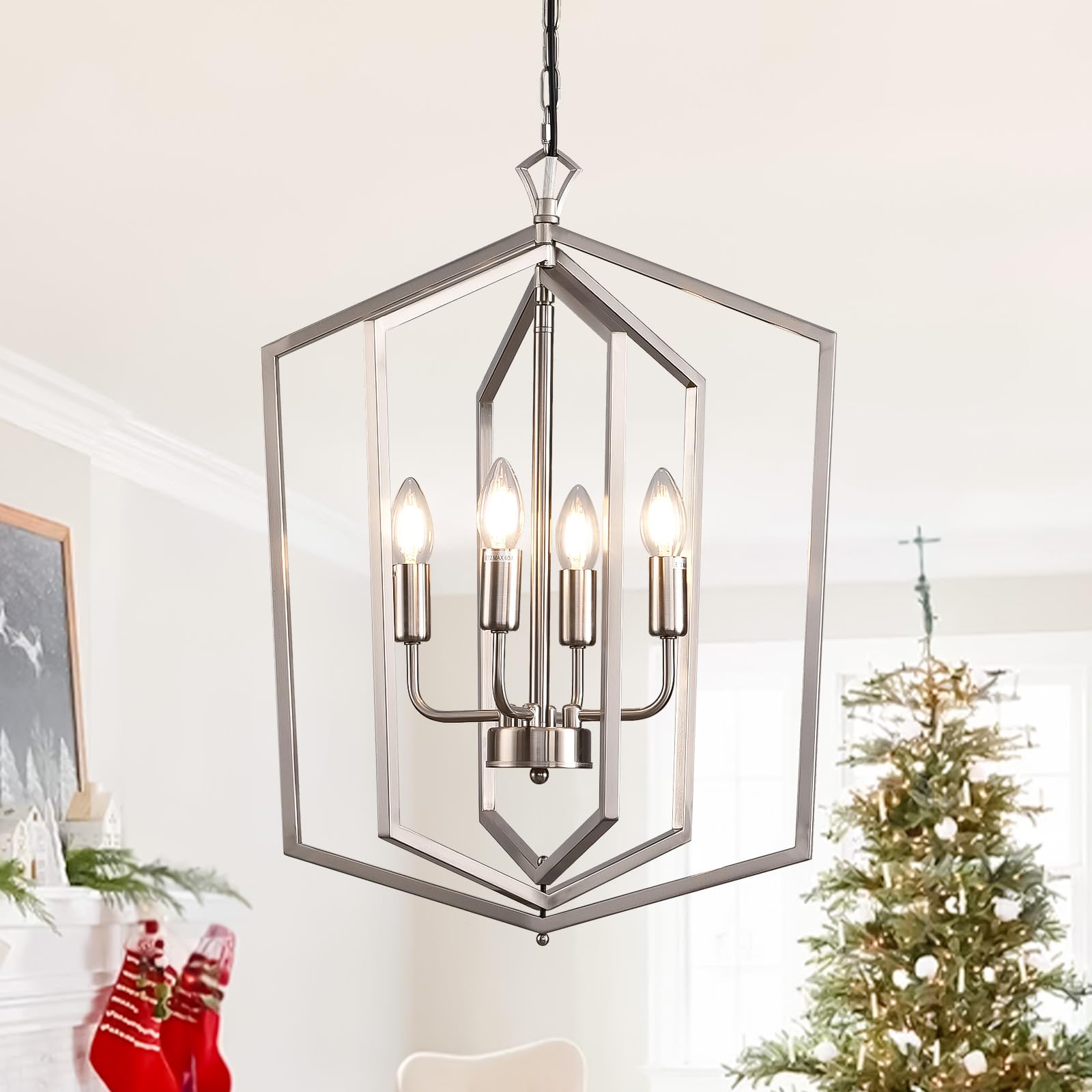 4-Light Lantern Pendant Light, 18.1" Gold Kitchen Pendant Light, Modern Geometric Chandelier, Adjustable Chain Cage Hanging Pendant Light Fixture for Bedroom, Kitchen Island, Foyer, Entrance