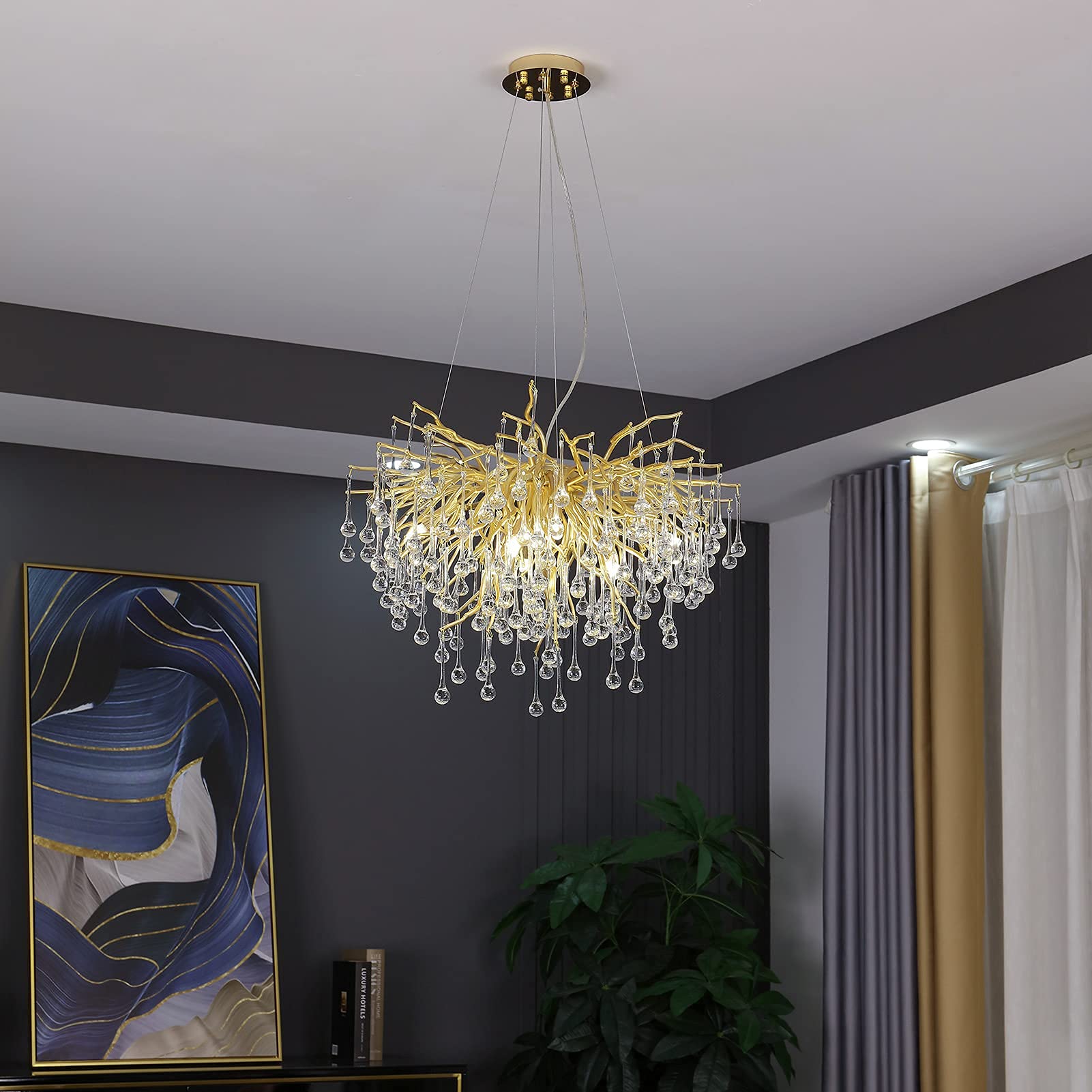 Black Crystal Chandelier, Modern Ceiling Pendant Flower Hanging Lighting Frosted Tree Branch Raindrop Chandelier Light Fixture for Dining Room, Living Room, Bedroom, Entryway (Dia 24" Round)