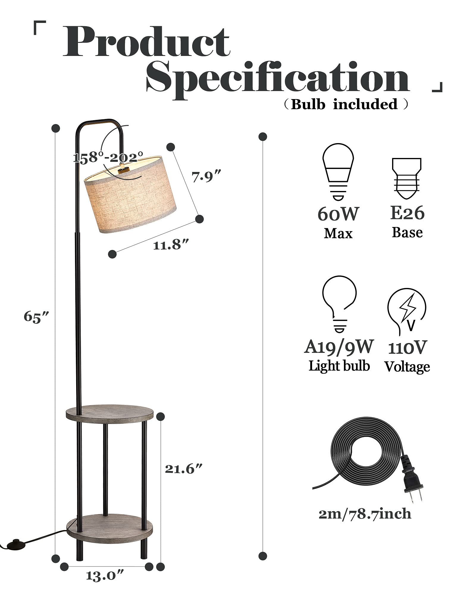 Modern Floor Lamp with End Table, Rubber Wood Bedside Table Lamp with Adjustable Drum Shade, Rustic Tall Pole Shelf Reading Standing Light for Farmhouse Bedroom, Living Room, Office - Walnut