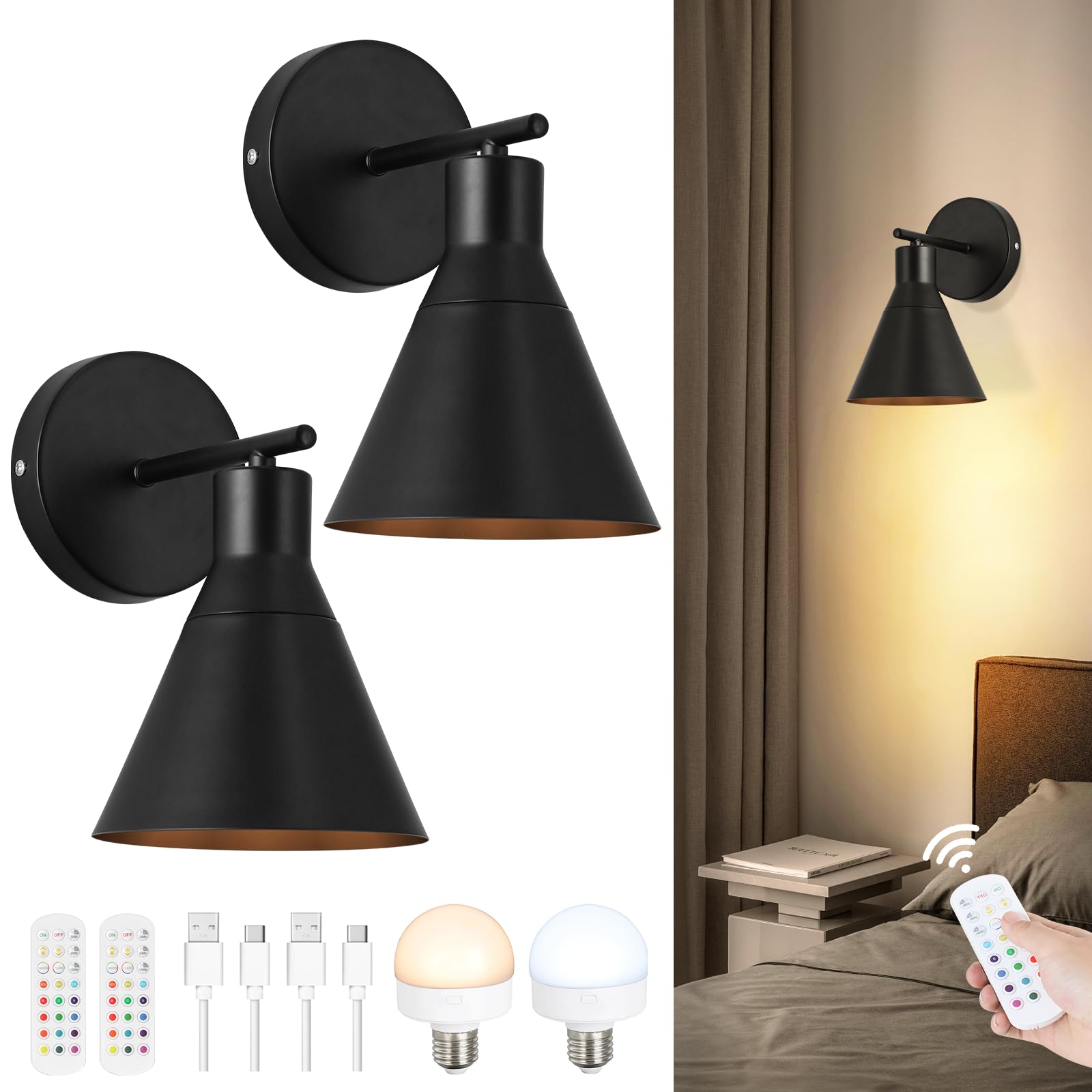 Modern Wireless Battery Operated Wall Sconces, Black Rechargeable Cordless LED Wall Lights Set of Two, Dimmable Battery Powered Wall Decor Lamp Fixture with Remote Control for Bedroom Indoor