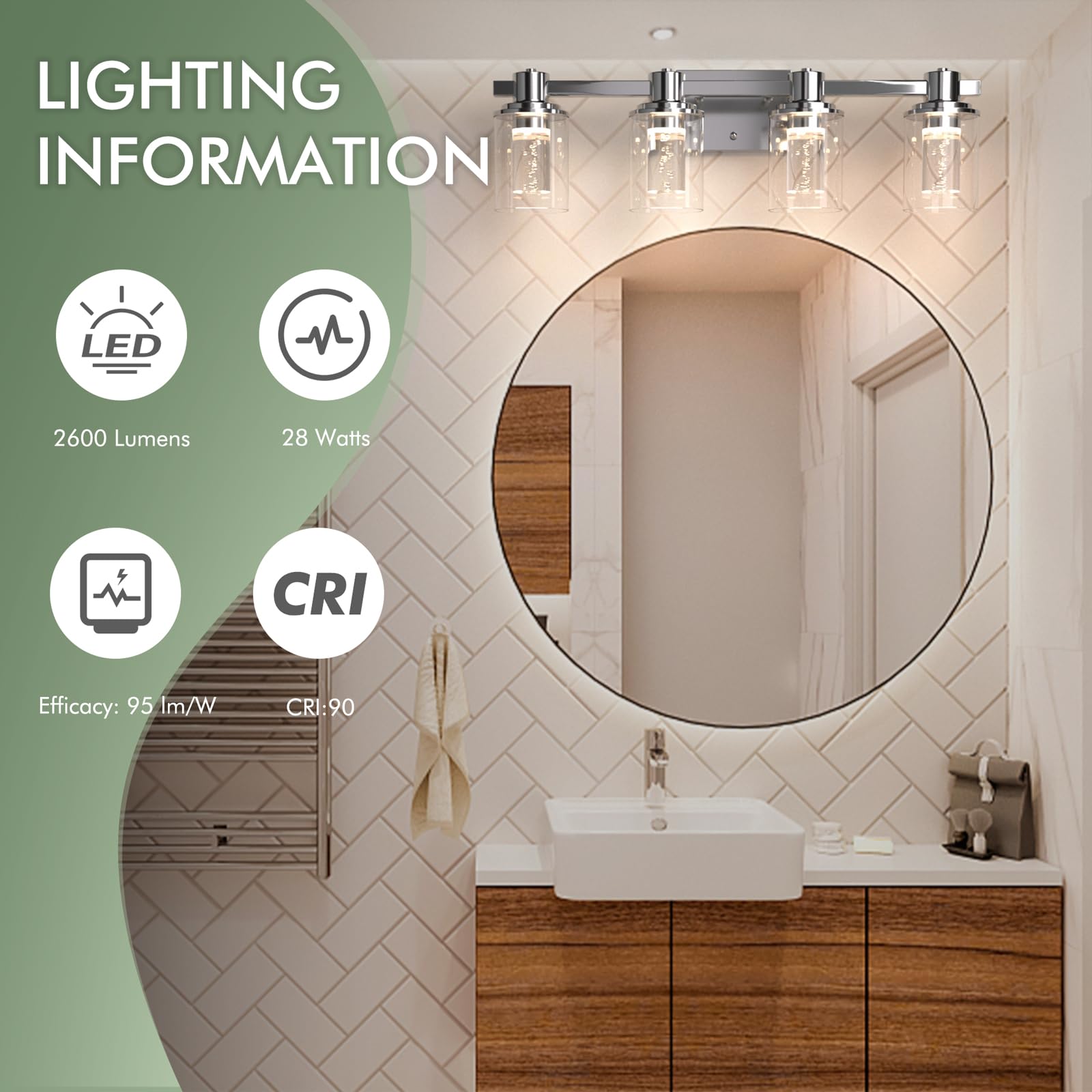 Bathroom Vanity Light Fixtures, 3-Light LED Lighting Fixtures Over Mirror, 5 CCT Modern Chrome Vanity Light for Bathroom with Crystal Bulb Clear Glass Shade Dimmable Bathroom Wall Lamp