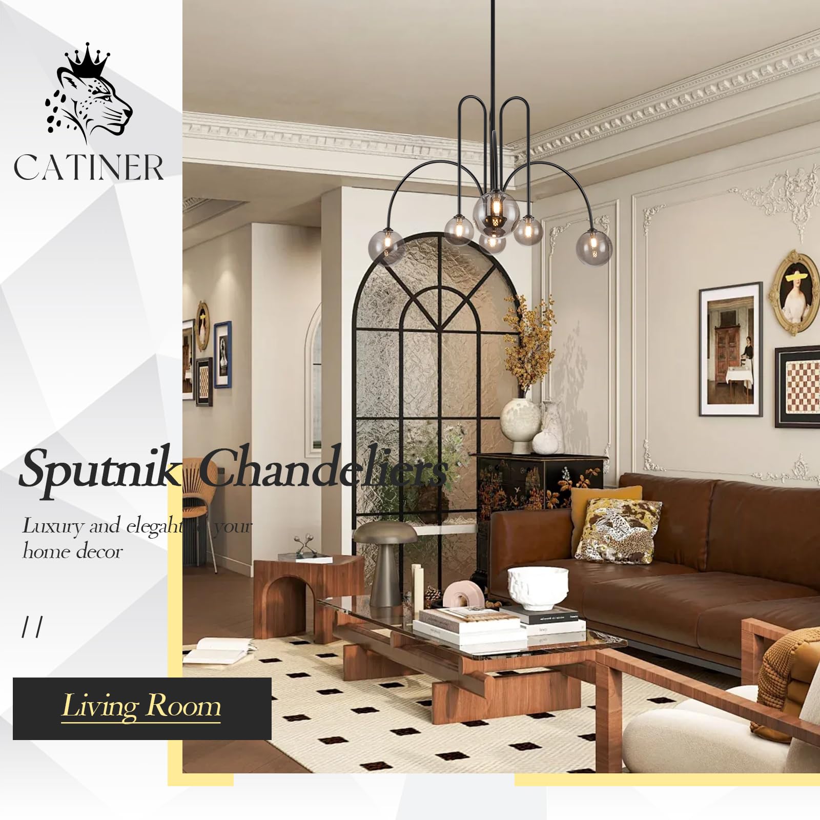 Gold Sputnik Chandeliers for Dining Room,Mid Century Crystal Glass Chandeliers 6 Lights Modern Ceiling Pendant Light Fixtures Iceberg Shape for Living Room Kitchen Island Bedroom