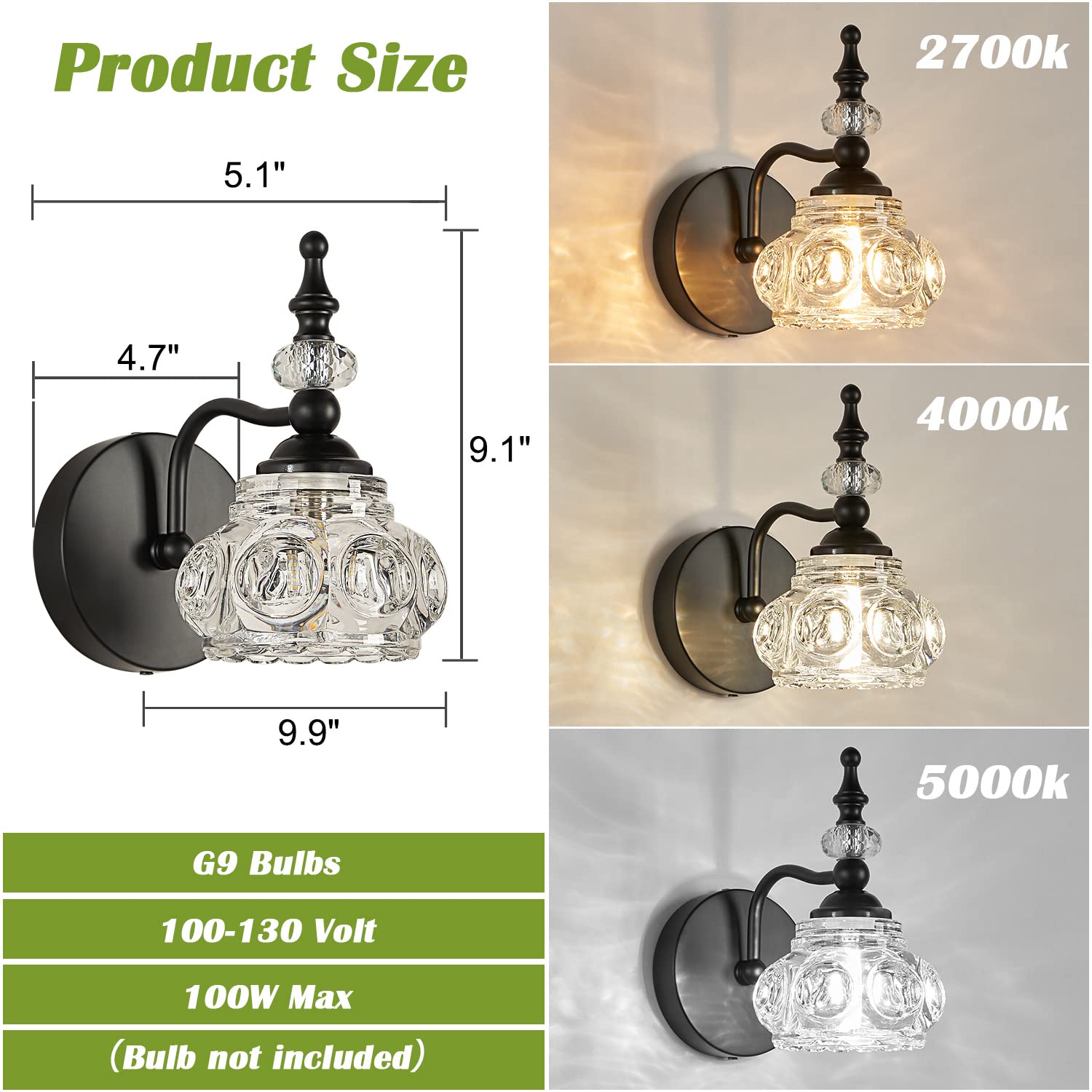 Industrial 1-Light Bathroom Vanity Light Fixture, Black Wall Source with Glass Shade, Rust-Proof and Durable, Using G9 Bulbs for Bedroom, Bathroom, Living Room