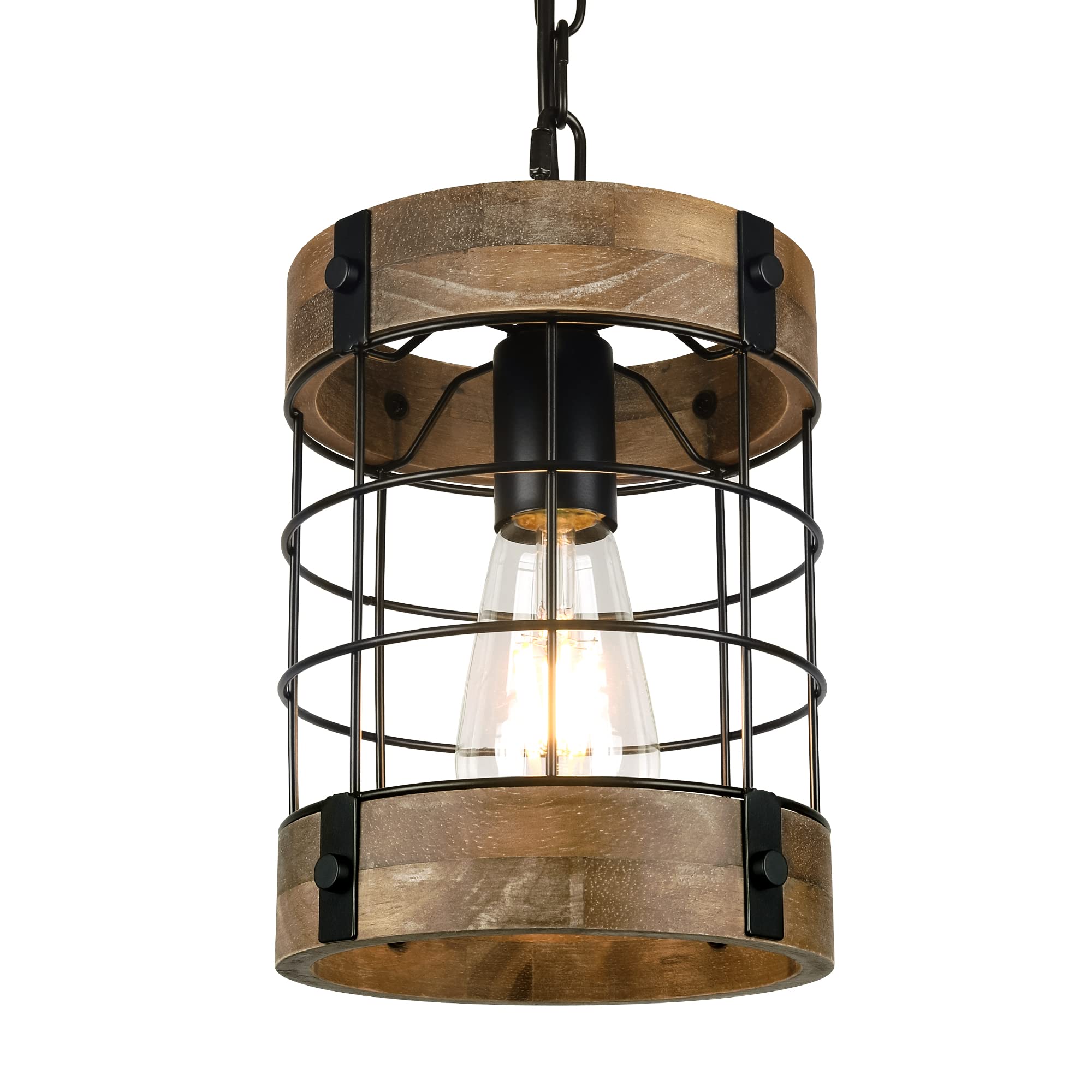 6-Light Farmhouse Chandelier for Entryway, Rustic Dining Room Light Fixtures, Industrial Drum Hanging Lighting for Kitchen Island Foyer, Black Wood and Black Metal Finish