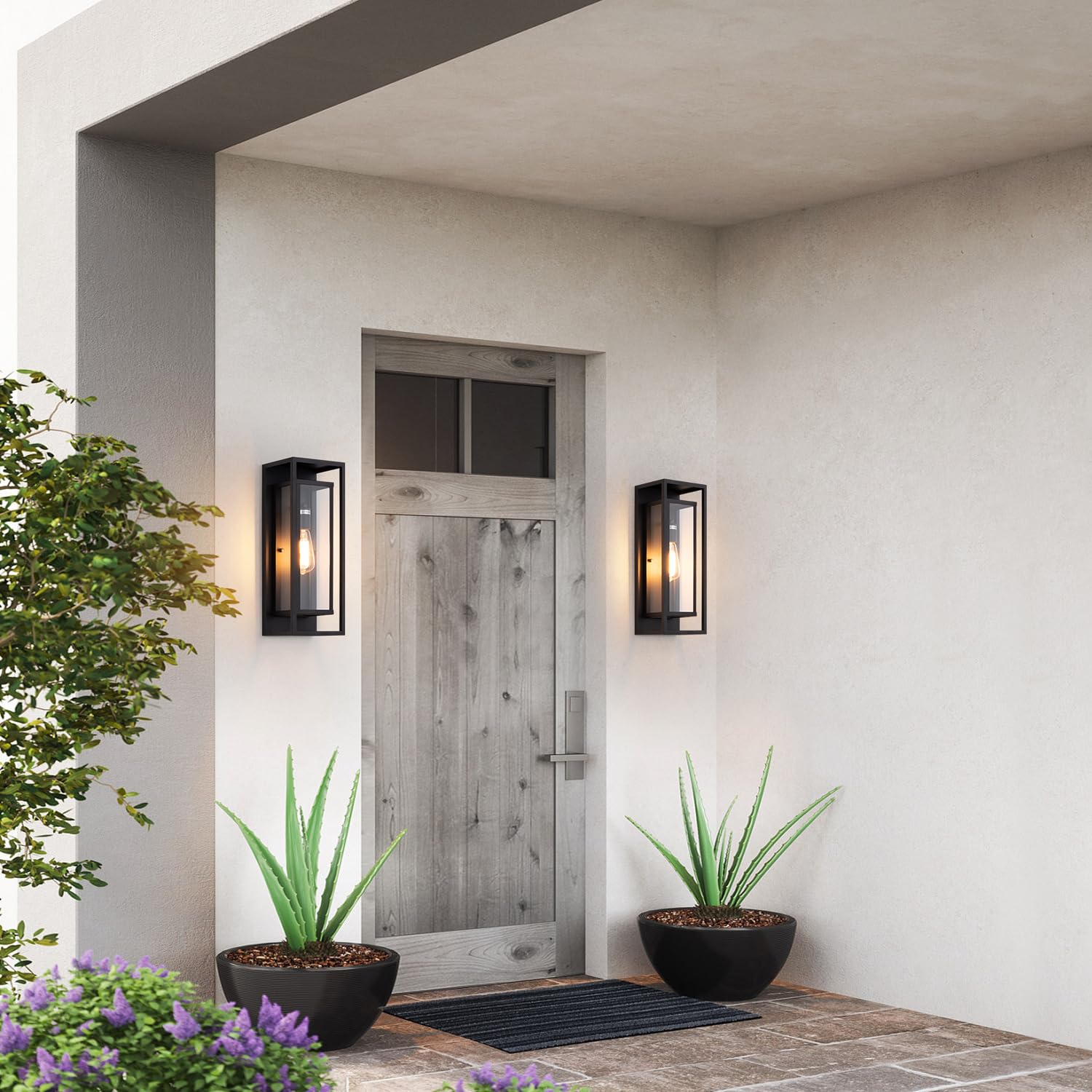 14" Classic Outdoor Wall Sconce 1 Light in Matte Black Rectangular Metal Frame and Clear Glass Shade Waterproof Porch Light Patio Light Pack of 2