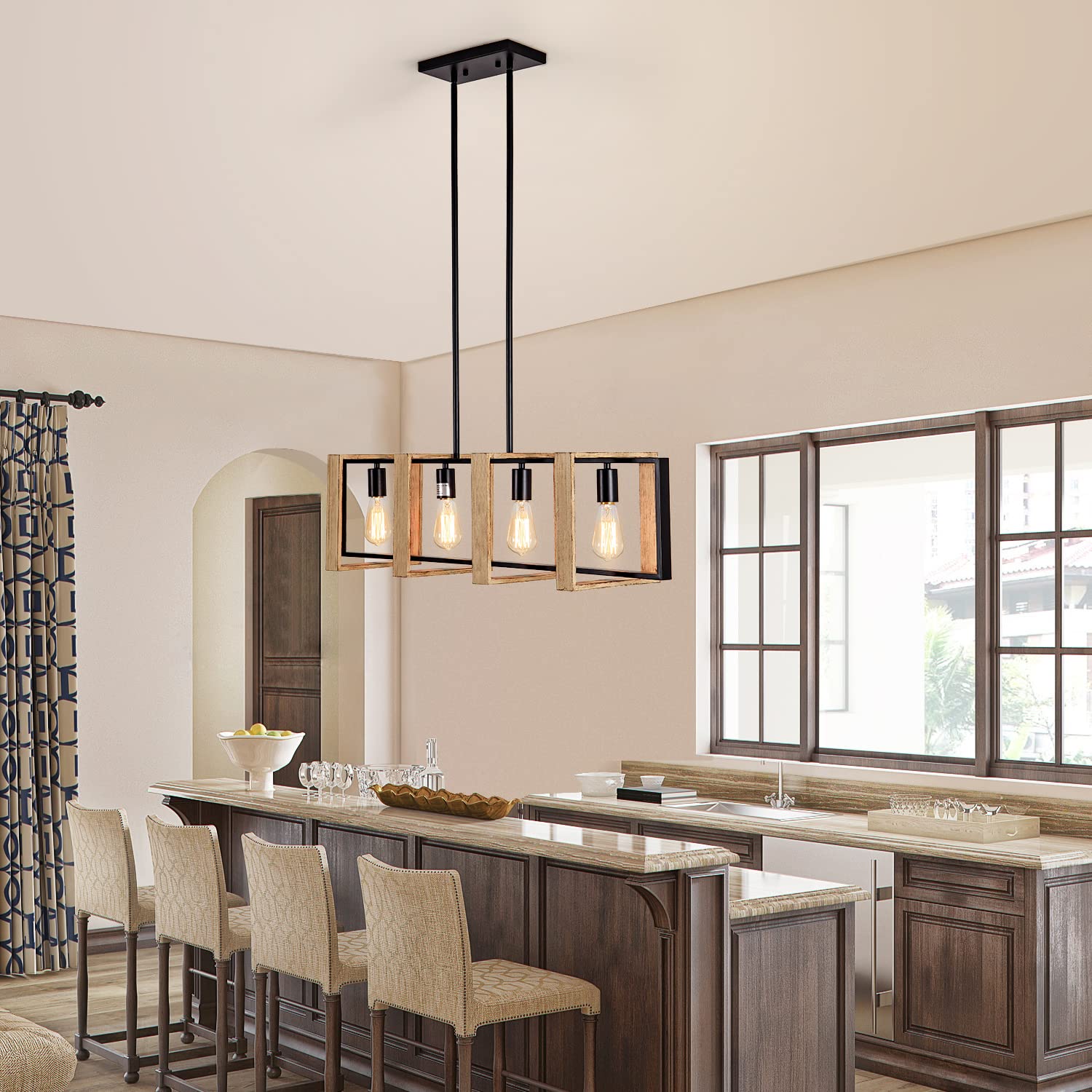 Farmhouse Kitchen Island Lighting Black Chandeliers for Dining Room Wooden Island Lights,Industrial Rectangle Light Fixtures Ceiling Hanging (4 Lights)