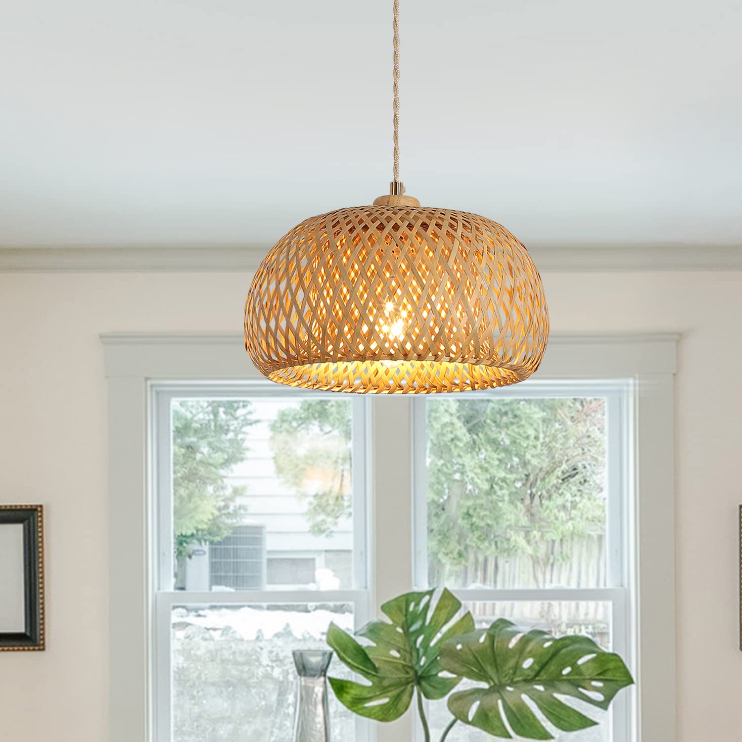 Bamboo Pendant Light Fixture One-Light Adjustable Boho Basket Handmade Woven Mini Pendant Lighting for Kitchen Island Sink Farmhouse Home