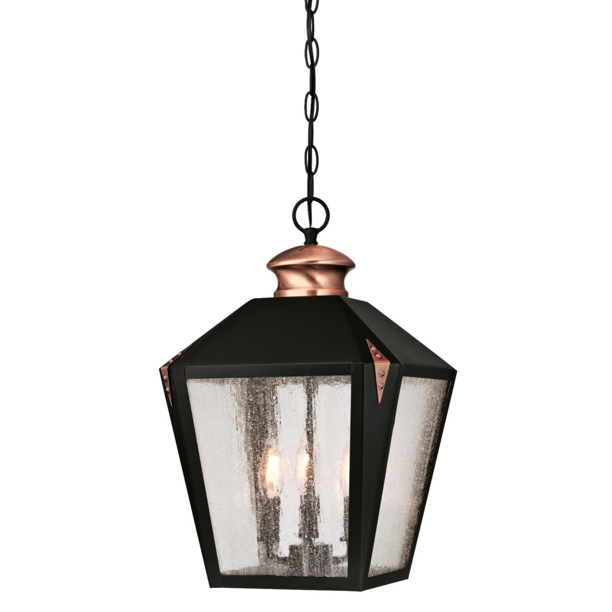 Three-Light Outdoor Pendant, Matte Black Finish with Washed Copper Accents and Clear Seeded Glass