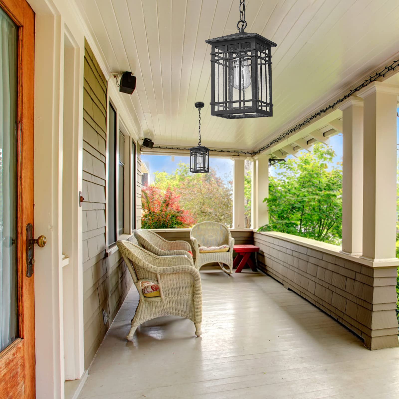 Outdoor Pendant Lighting, Exterior Pendant Lantern, Farmhouse Porch Hanging Lantern Lights with Seeded Glass in Black Finish, Outdoor Pendant Lamp for Front Porch, Entryway, Patio, Gazebo