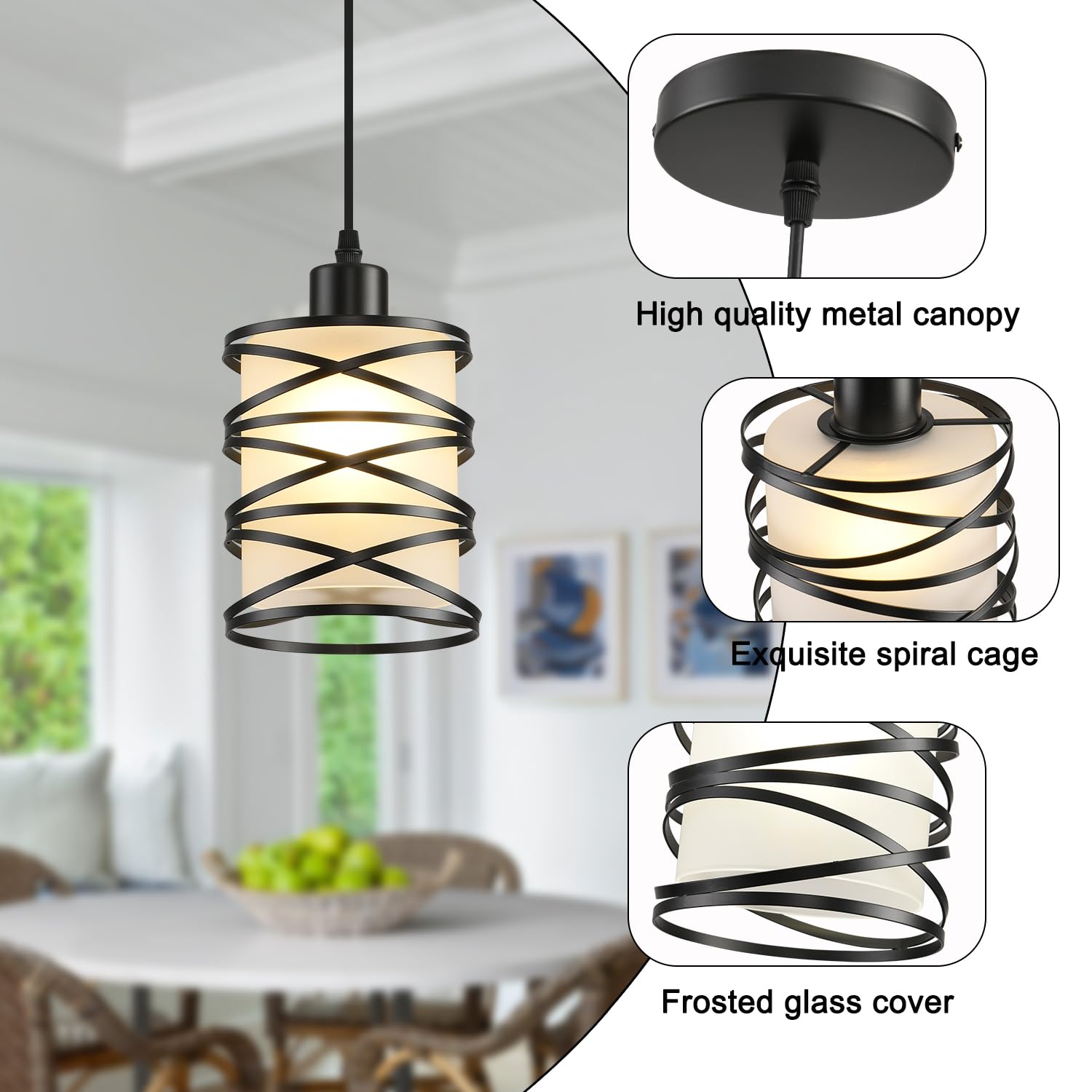 2 Pack Black Spiral Cage Pendant Lights with Clear Glass Shade, Suitable for Kitchen Island, Dining Table, Entryway, Restaurant