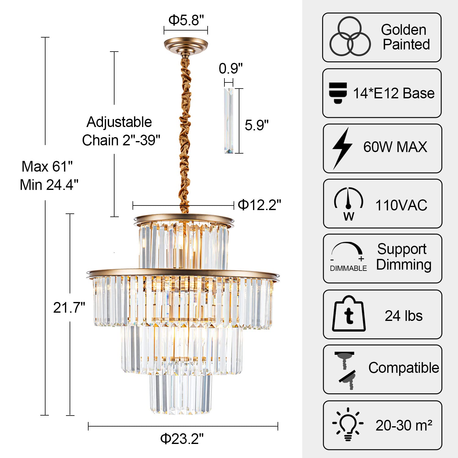 23" 8-Light Modern Crystal Chandelier Light Fixtures 2 Rings Gold Luxury Chandeliers for Dining Room Round Hanging Pendant Lighting for Living Room Kitchen Entryway Bedroom