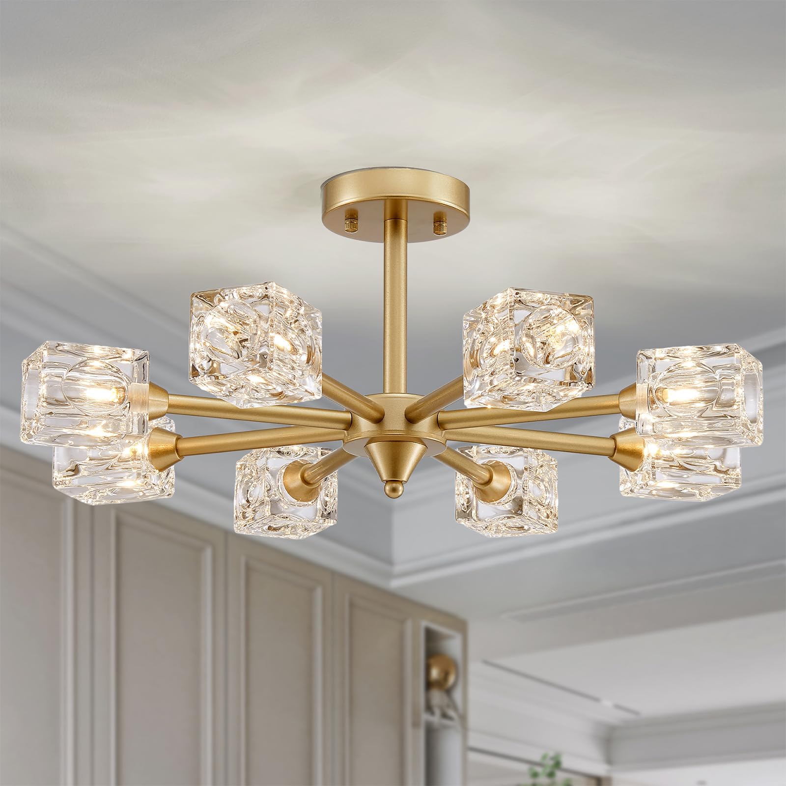 8-Light Semi Flush Mount Ceiling Light Fixture Modern Antique Gold Sputnik Chandeliers Fashion Lighting for Bedroom Dining Room Farmhouse Kitchen Office