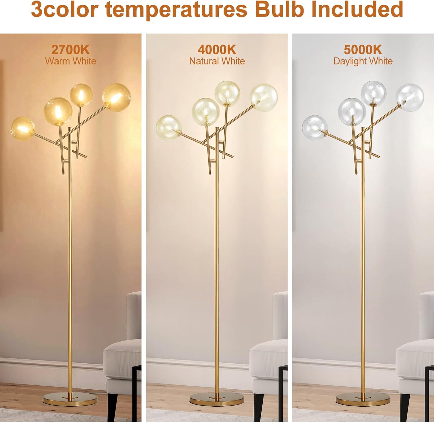 Globe Floor Lamp with 4 Glass Shade,Modern Gold Floor Lamp with Foot Switch,Tall Standing Light for Living Room Bedroom Study,Simple Assembly