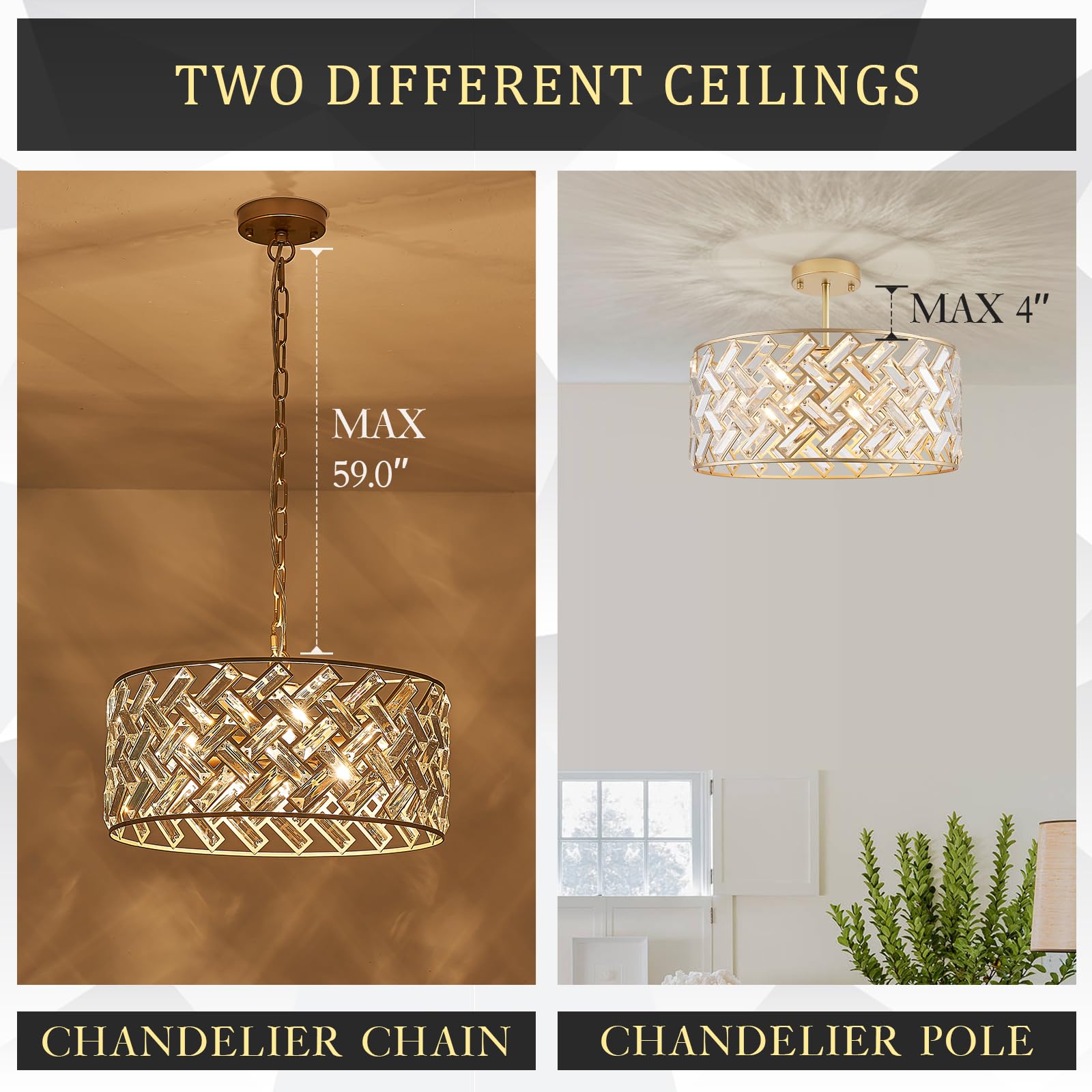 Gold Crystal Chandeliers, Modern Semi Flush Mount Chandelier 4-Ligh Drum Crystal Ceiling Pendant Light Fixture 12” for Foyer Entryway Kitchen Hallway Dining Room