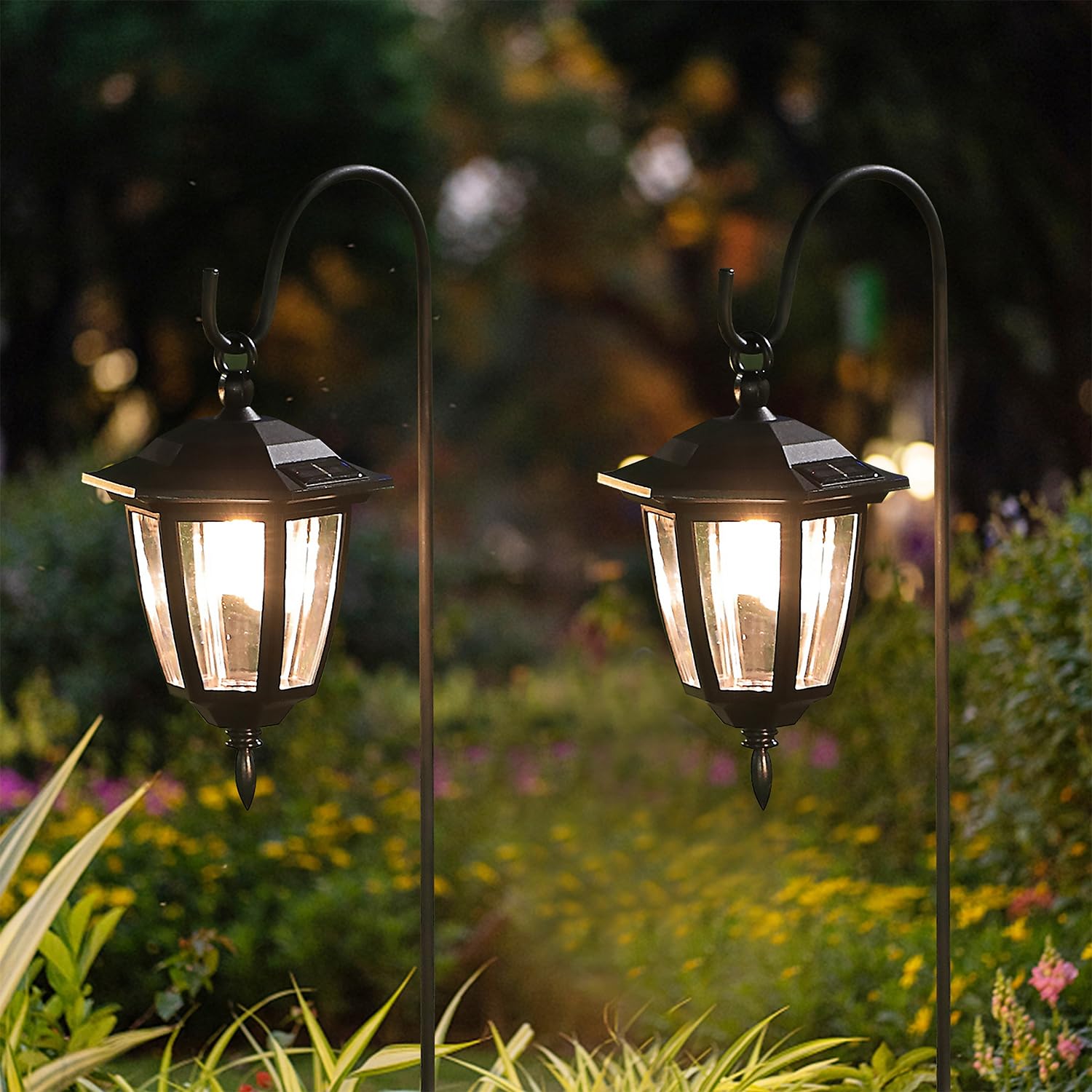 4 Pack Solar Hanging Lights Outdoor, Solar Powered Garden Decorative Lanterns with 4 x 38 Inch Shepherd Hooks, Waterproof Landscape Lighting for Lawn Patio Yard Pathway Driveway, Warm White