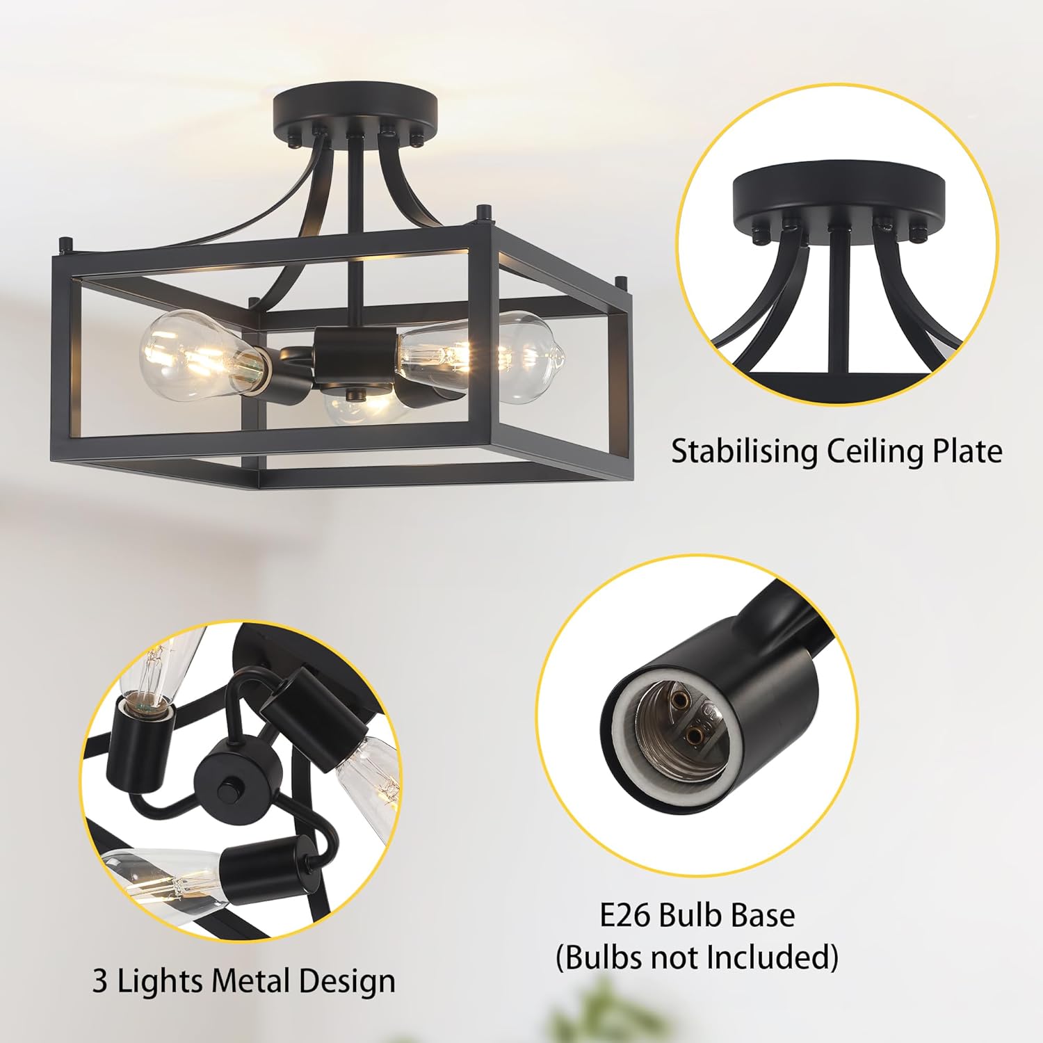 3-Lights Modern Black Industrial Ceiling Light, E26 Base, Semi-Flush Mount Metal Lighting Fixtures for Kitchen Dining Room Hallway