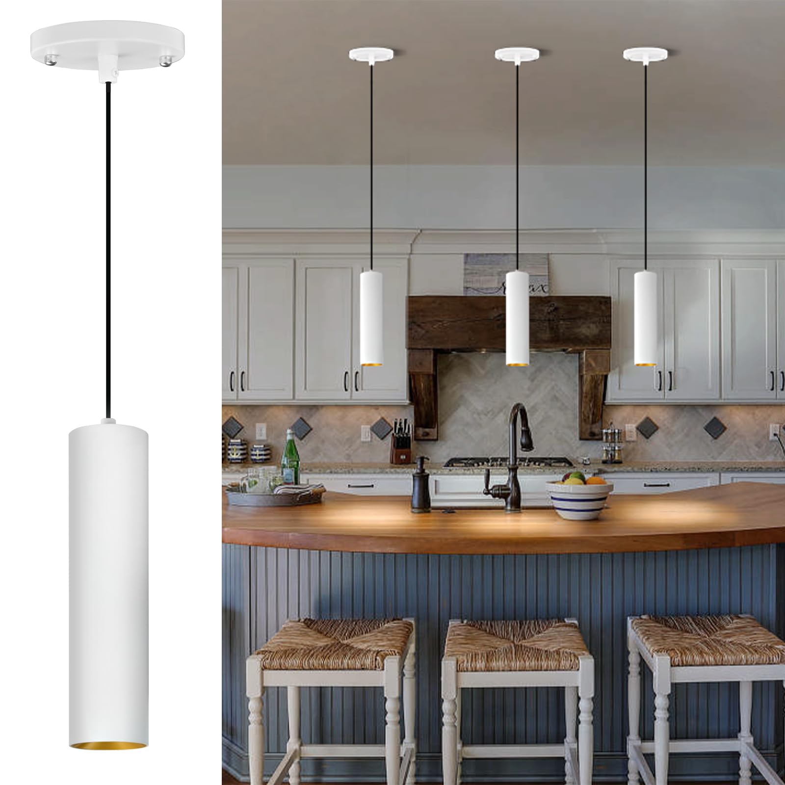 LED Pendant Light, 10W 3CCT Modern Cylinder LED White Pendant Lights Kitchen Island Fixtures, Adjustable Height Dimmable Ceiling Hanging Lights for Kitchen Bar Dining Room - 3 Packs