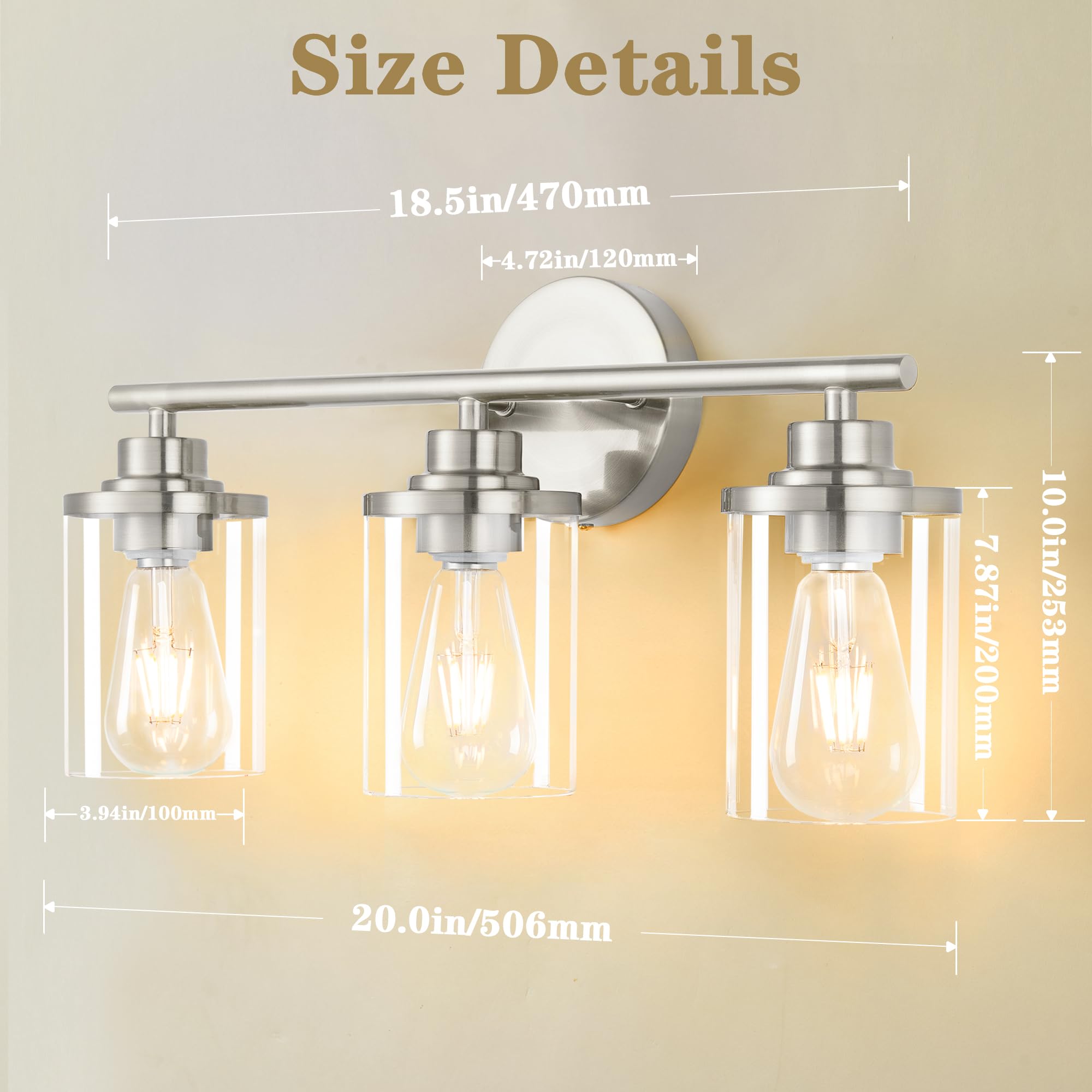 Bathroom Light Fixtures,Vanity Lights,Gold Bathroom Lights Over Mirror,Brushed Gold Vanity Light for Bathroom,20'' Brass Gold 3-Light Modern Bathroom Sconce