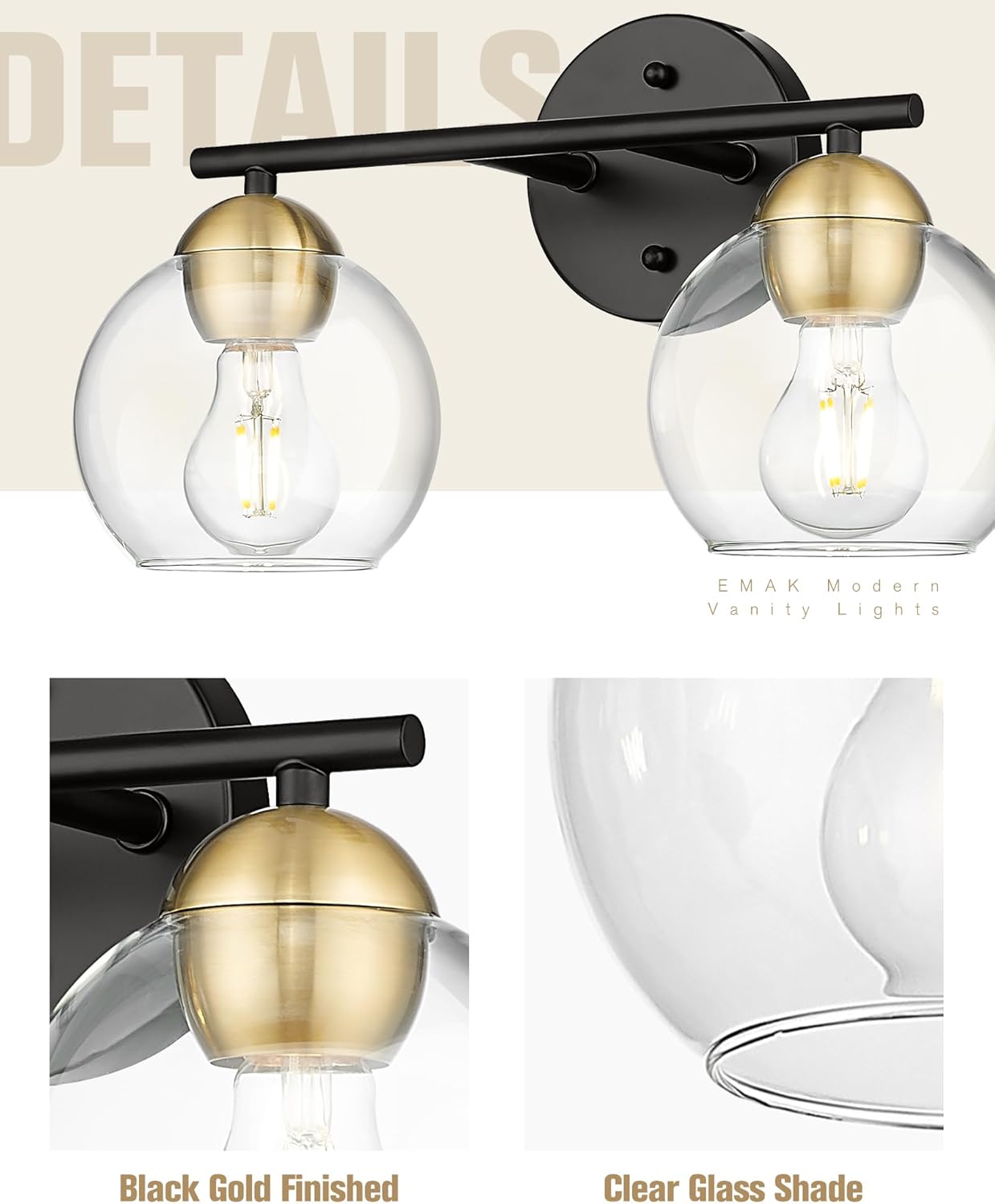 Black Vanity Lights for Mirror, Modern Farmhouse 2-Light Bathroom Light Fixtures Globe Bathroom Vanity Light with Milk Glass Shade, VL114-BK-ML-2