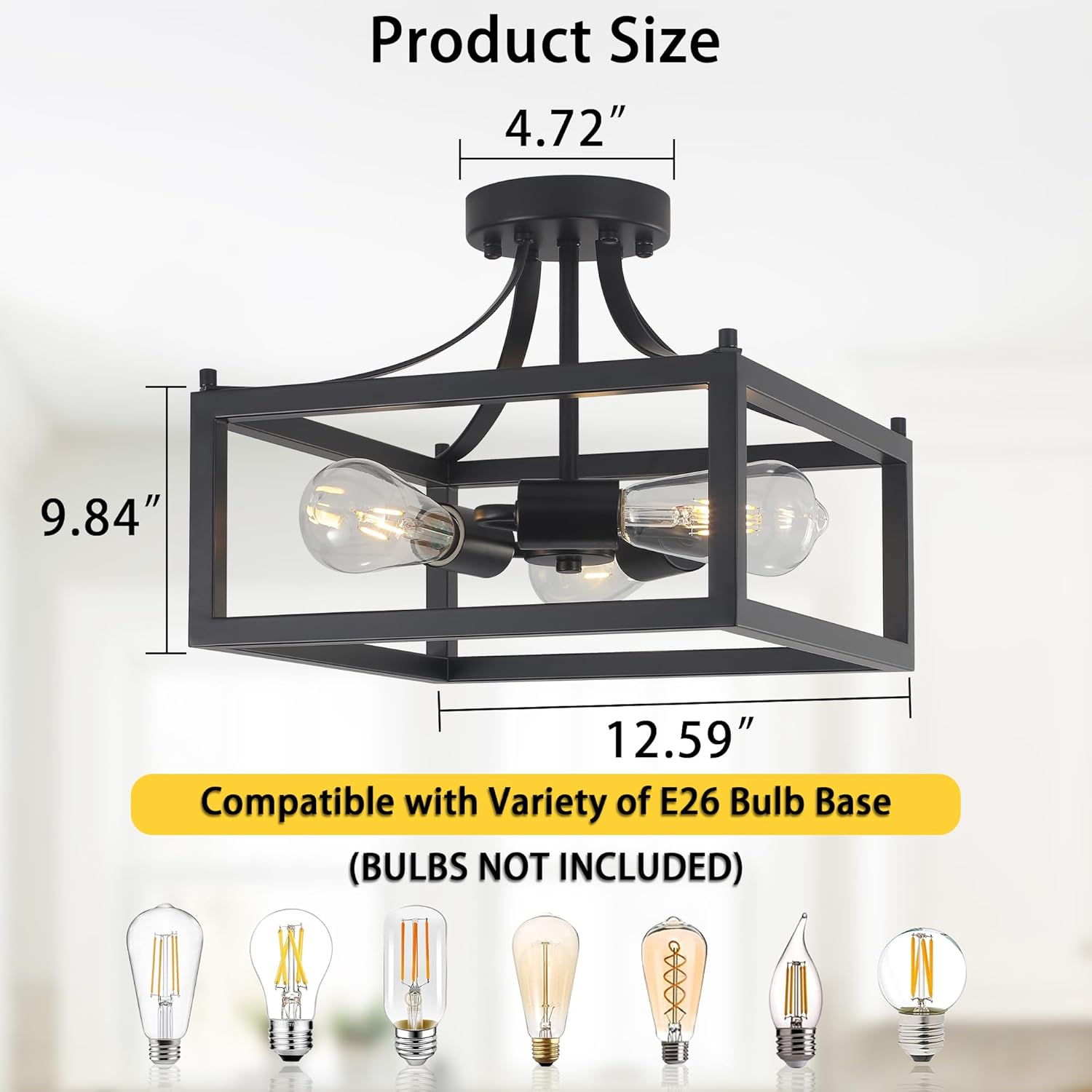 3-Lights Modern Black Industrial Ceiling Light, E26 Base, Semi-Flush Mount Metal Lighting Fixtures for Kitchen Dining Room Hallway