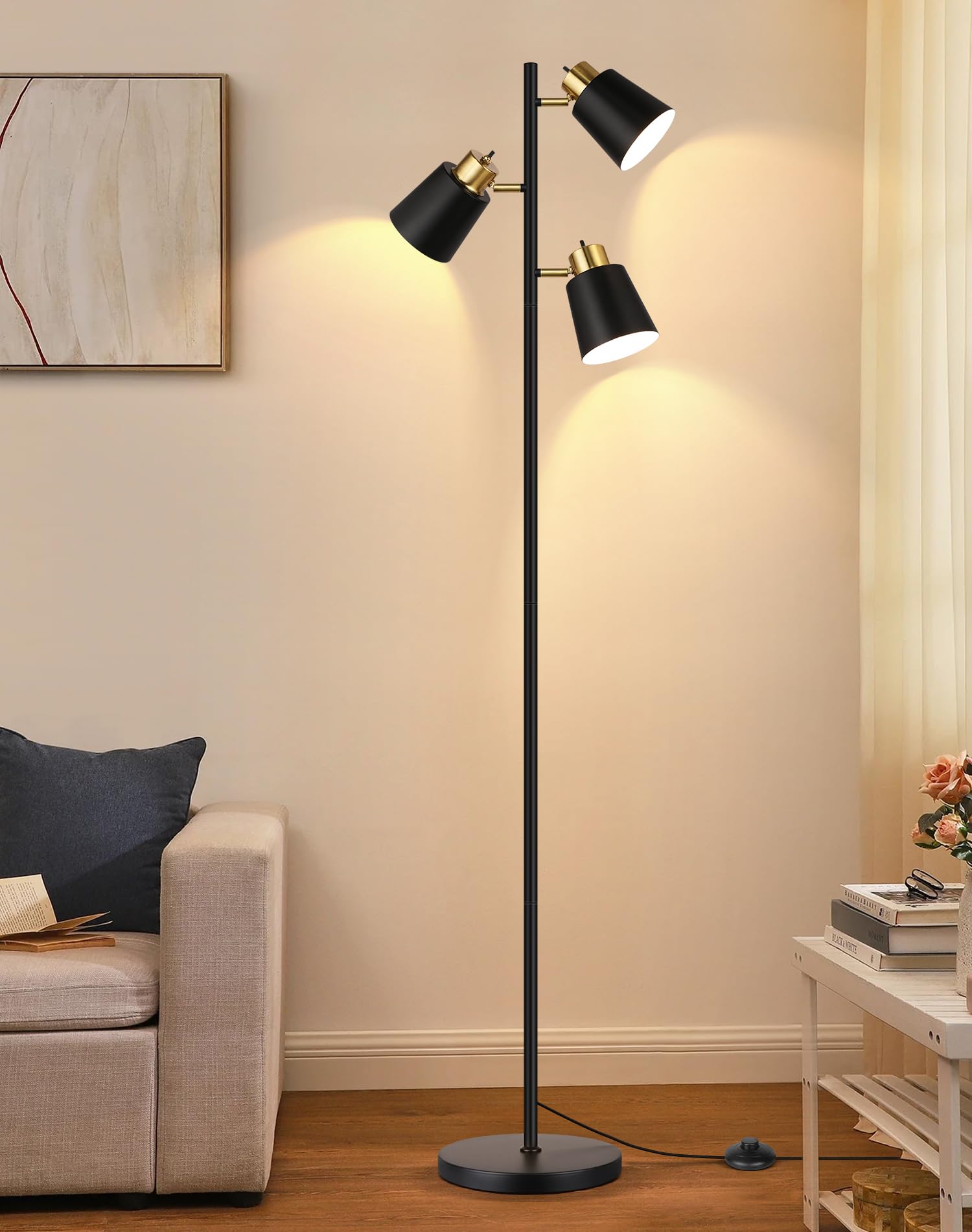 Tree Floor Lamp with 3 Light Bulbs, Standing Tall Pole Lamps for Living Room Bedroom Office, Reading Stand up Lamps with 3 Adjustable Arms, Brushed Gold