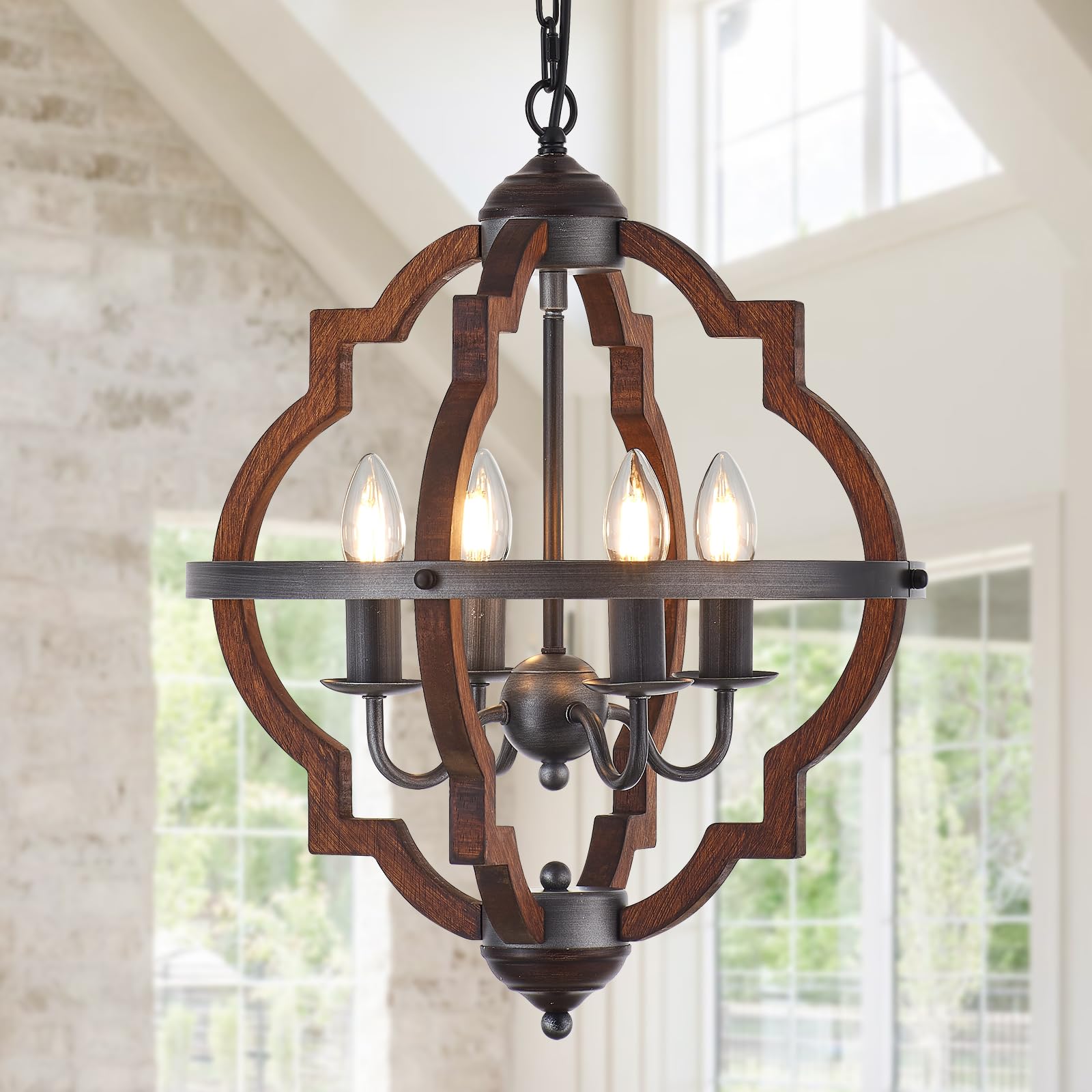 Wood Chandelier Light Fixture Antique Farmhouse 23.6" Caged Candle Style Ord Chandelier Industrial Rustic 6-Lights Wooden Chandelier for Dining Room, Kitchen, Living Room, Bedroom, E12