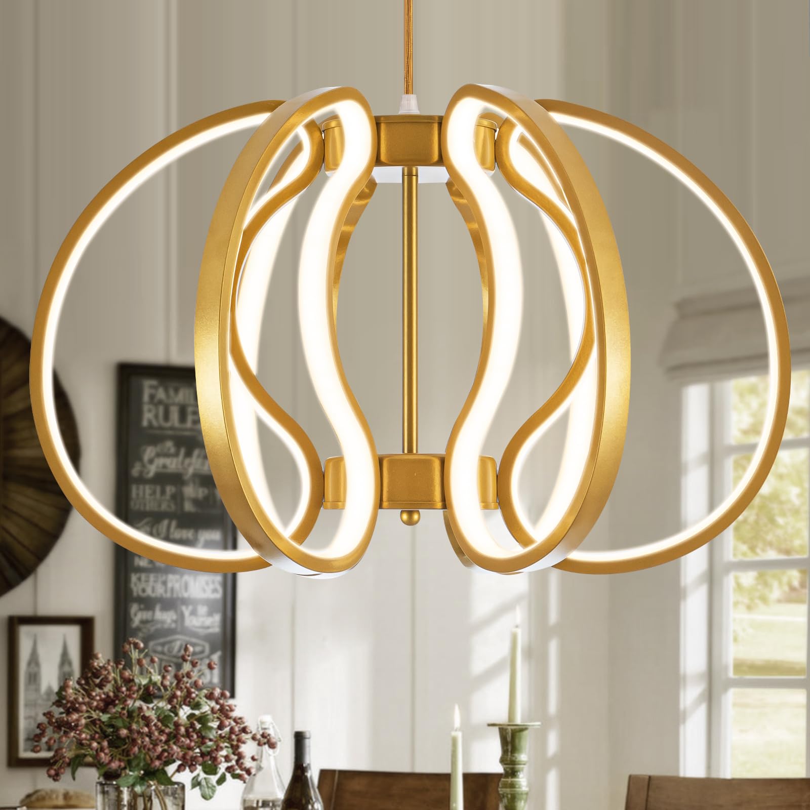 Modern LED Chandelier Gold Pendant Light Dimmable Contemporary Chandeliers for Dining Room Kitchen Living Room Foyer Entryway 3000K-6000K