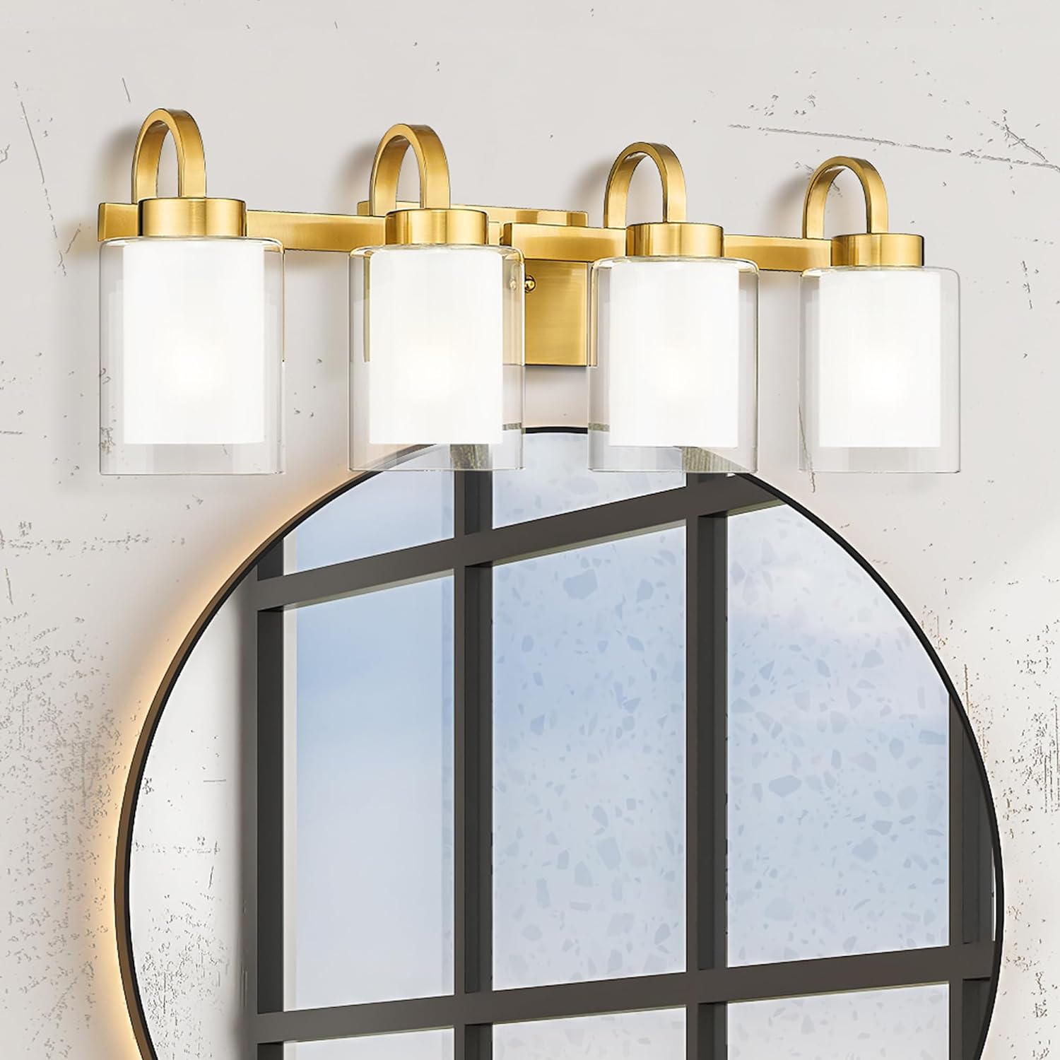 3-Light Bathroom Vanity Light, Brushed Nickel Vanity Light Over Mirror, Farmhouse Wall Sconces with Dual Glass Shade, Modern Wall Lamp for Bathroom Hallway Living Room