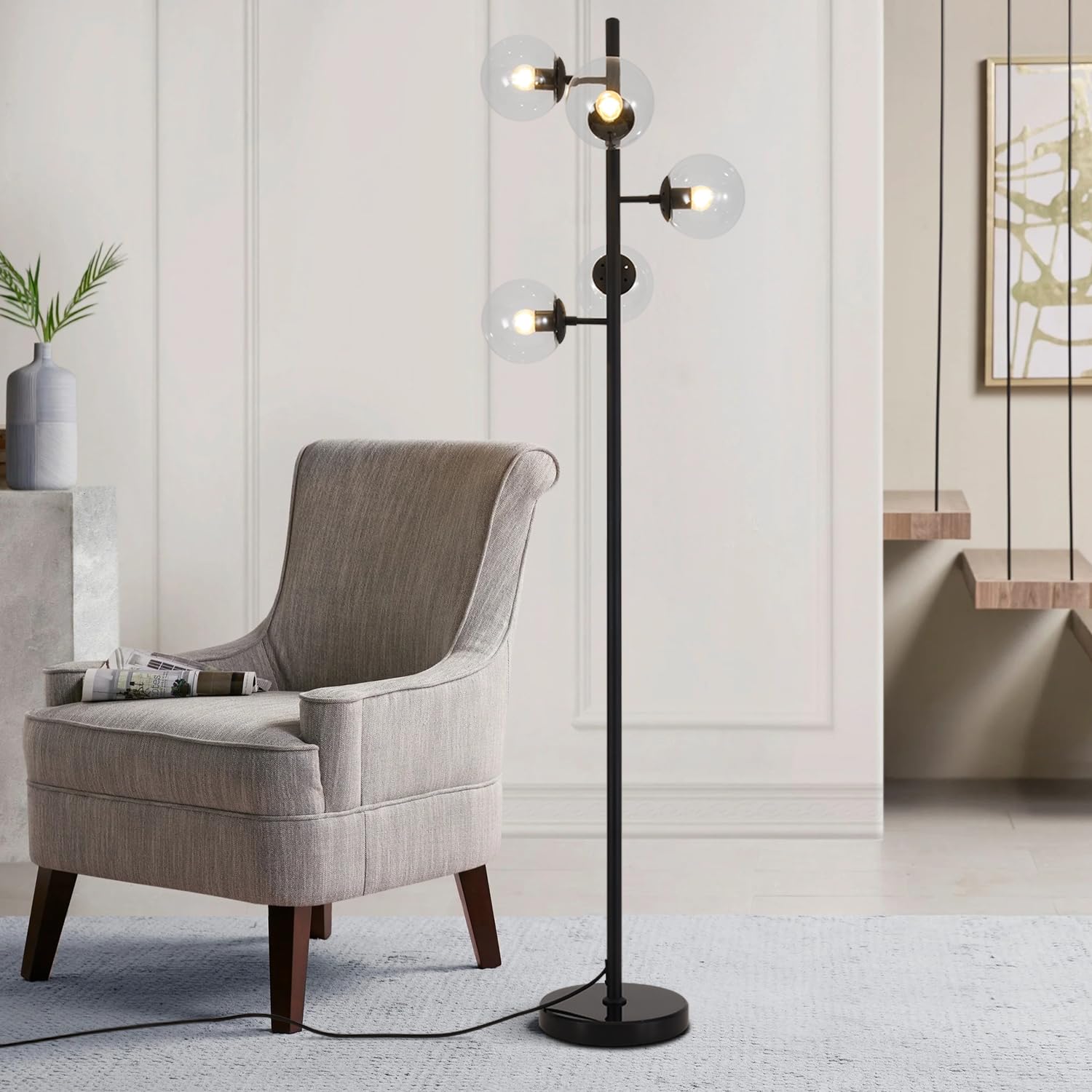 Lighting 5-Light Frosted White Glass Globe Floor Lamp Mid Century Modern Gold Tall Pole Standing Light LED Standing Lamps with Foot Switch for Home Office (Gold)