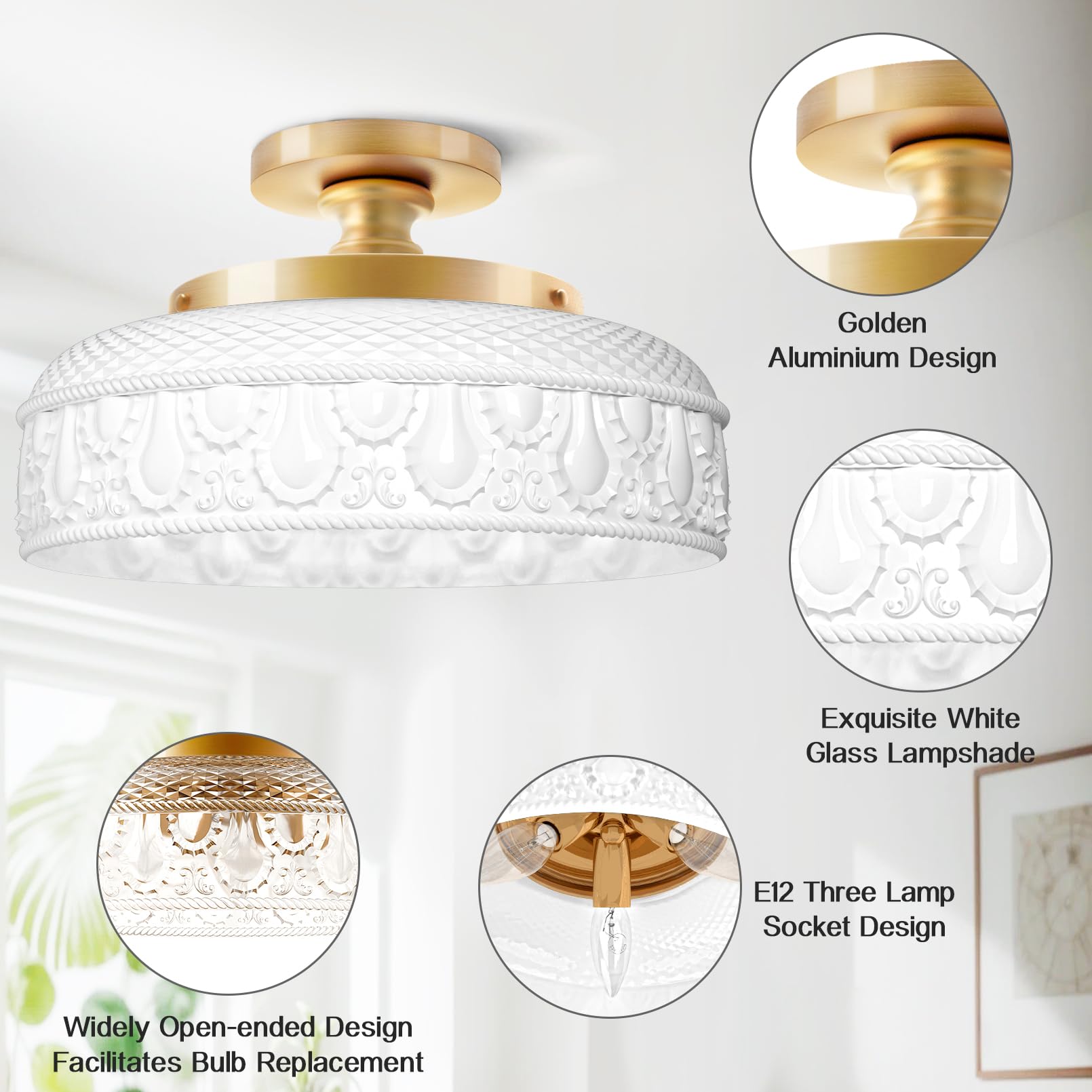 Semi Flush Mount Ceiling Light, Upgraded Larger Golden Hallway Light Fixture, 3-Bulb Globe Glass Close to Ceiling Light,Indoor Hanging Light for Bedroom Kitchen Porch Hallway,Bulbs Not Included