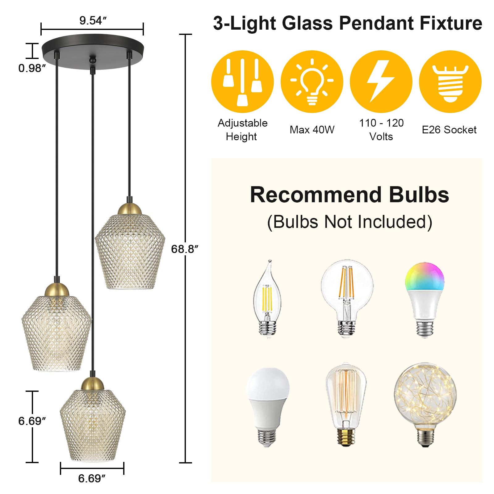 3-Light Hanging Pendant Lights, 7inch Modern Cognac Glass Shade Adjustable Height Pendant Light Fixture， E26 Base Pendant Light for Kitchen Island Living Room Hallway Lighting