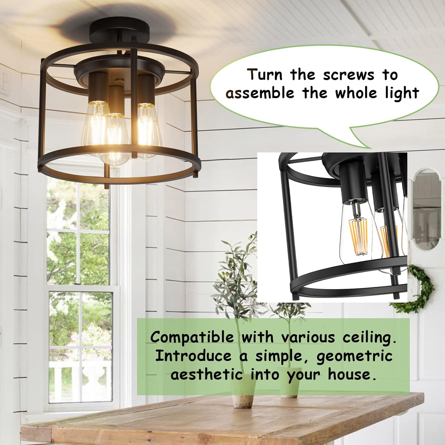 Farmhouse Semi Flush Mount Ceiling Light Fixture Black Industrial Kitchen Ceiling Light Rustic Vintage Ceiling Mount 3 Lights Chandelier Lighting for Dining Room Hallway Entryway Bedroom Living Room