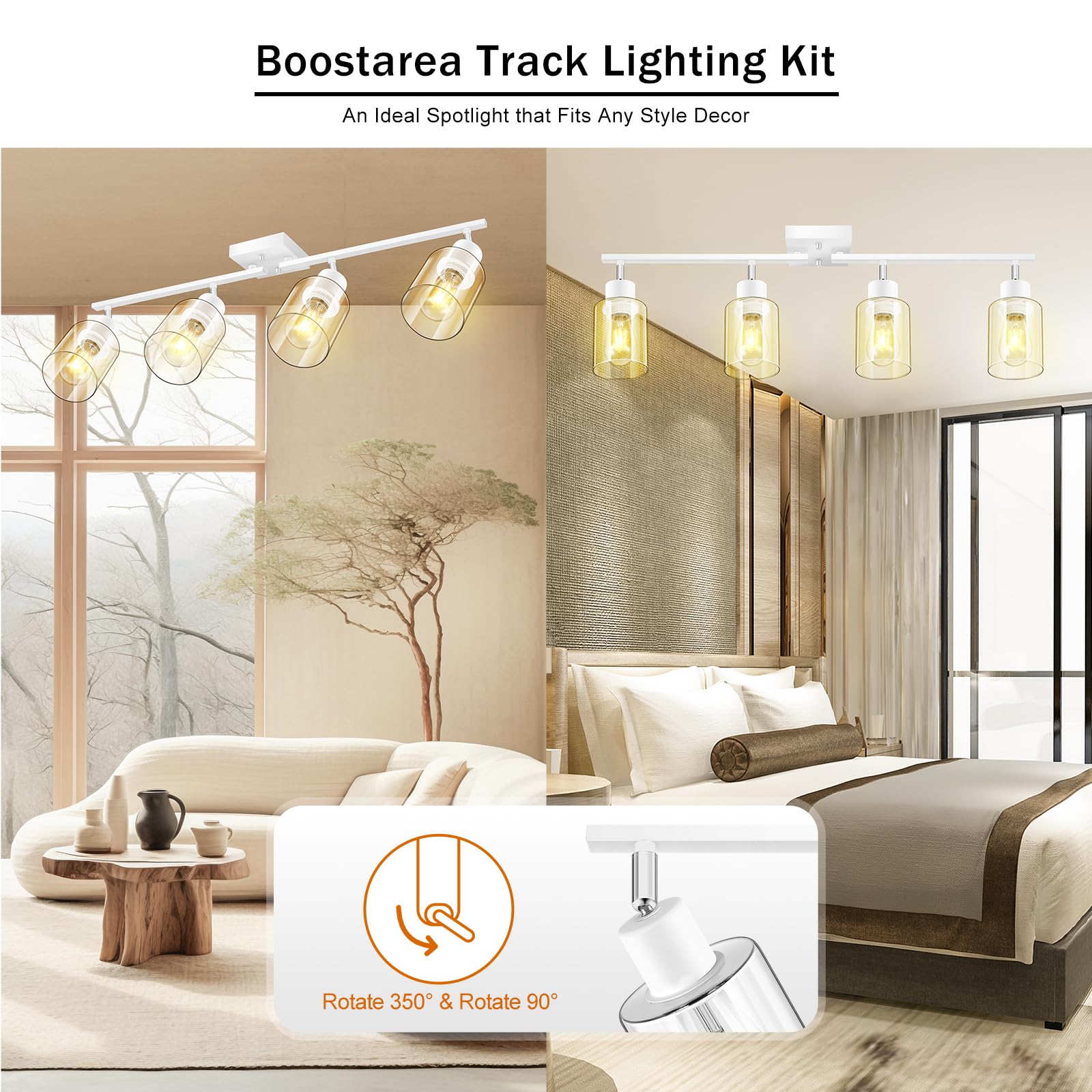 LED 4 Light Track Lighting Kit, 4 Way Ceiling Spot Lighting with Glass Lampshade, Flexibly Rotatable Light Head for Kitchen, Living Room, Bedroom, Bulb Not Included