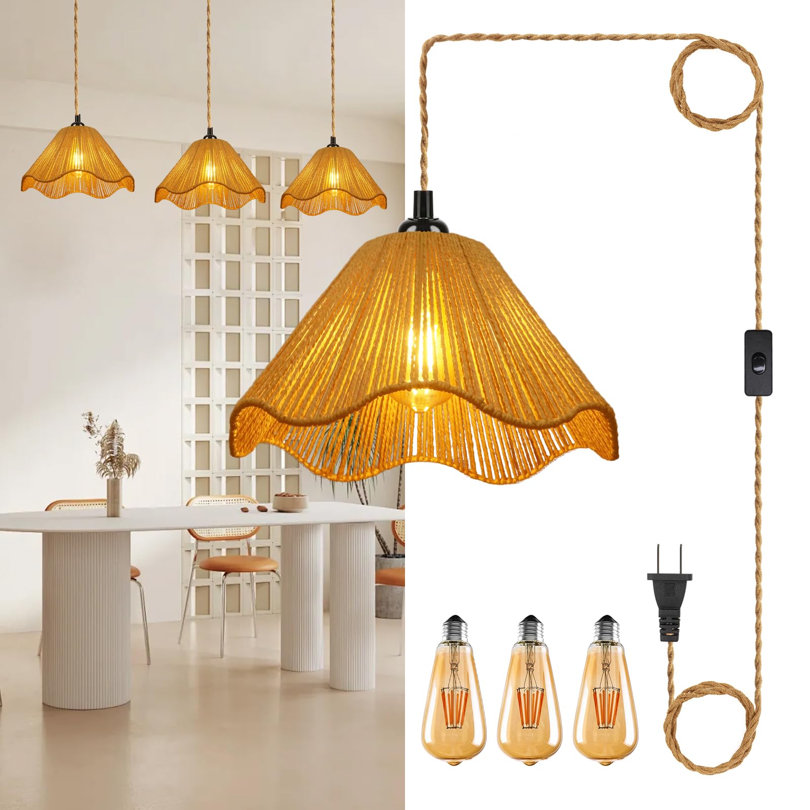 Pendant Lights with Switch & Hemp Rope, Umbrella Shaped Industrial Hanging Light Kit with E26 Socket, Lamp Cord Fixture for Farmhouse Bedroom Living Room Decor- Ivory (3-Lights)