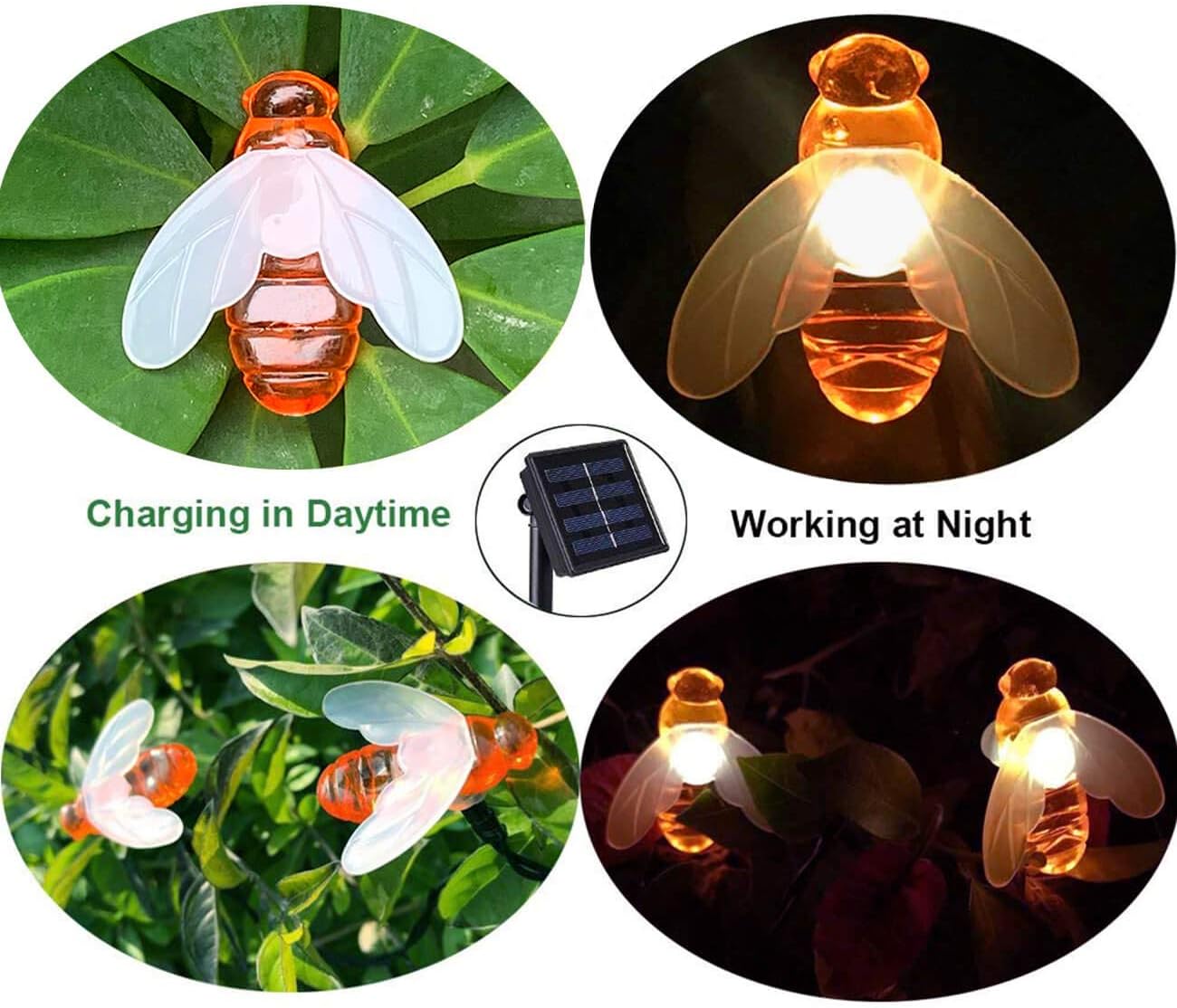 Solar String Lights 20LED Outdoor Waterproof Simulation Honey Bees Decor for Garden Xmas Decorations Warm White